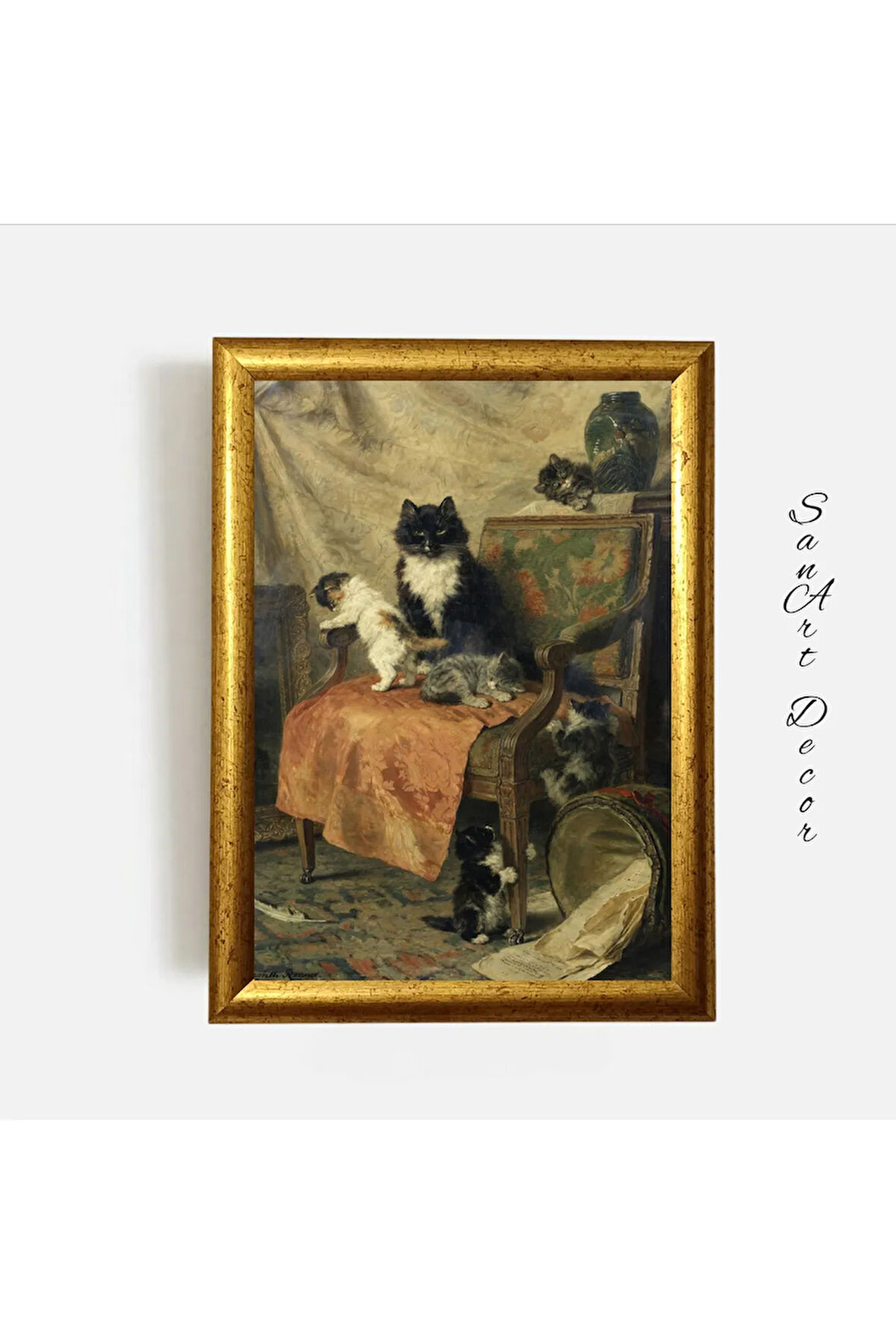 Çerçeveli Vintage Tablo, Yağlı Boya Tablosu, Sanatsal Dekor, Çerçeveli Tablo, Kedi Tablosu