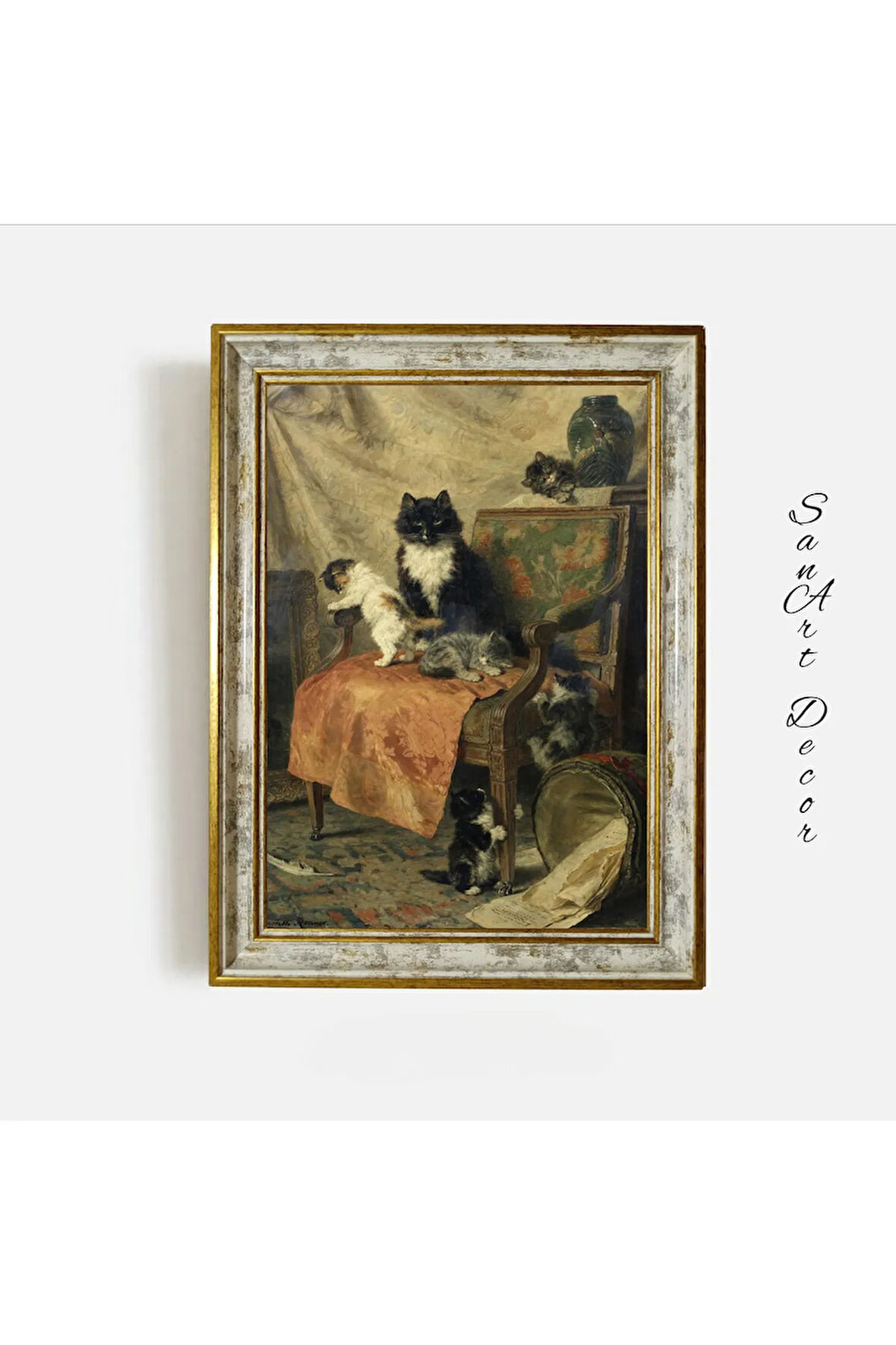 Çerçeveli Vintage Tablo, Yağlı Boya Tablosu, Sanatsal Dekor, Çerçeveli Tablo, Kedi Tablosu
