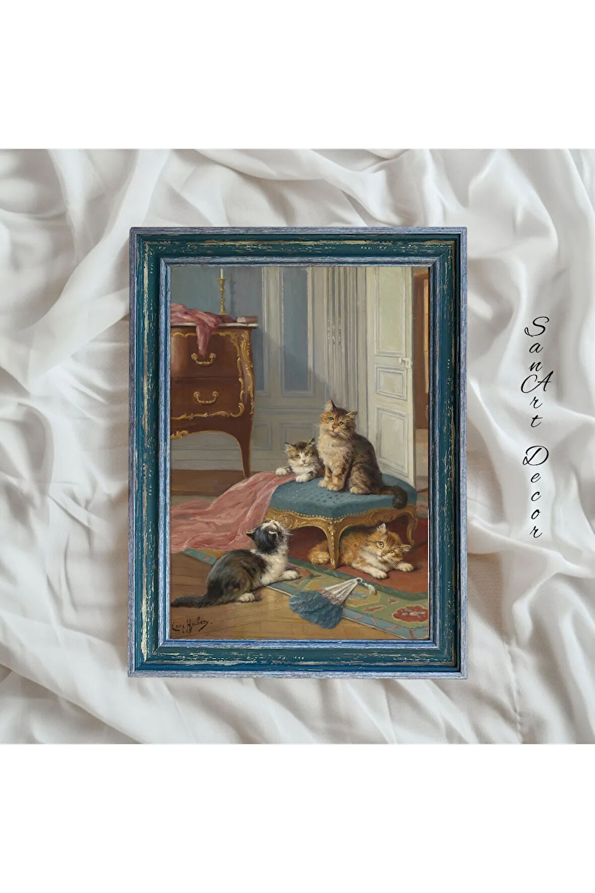Çerçeveli Vintage Tablo, Yağlı Boya Tablosu, Çerçeveli Tablo, Sanatsal Dekor, Kedi Tablosu