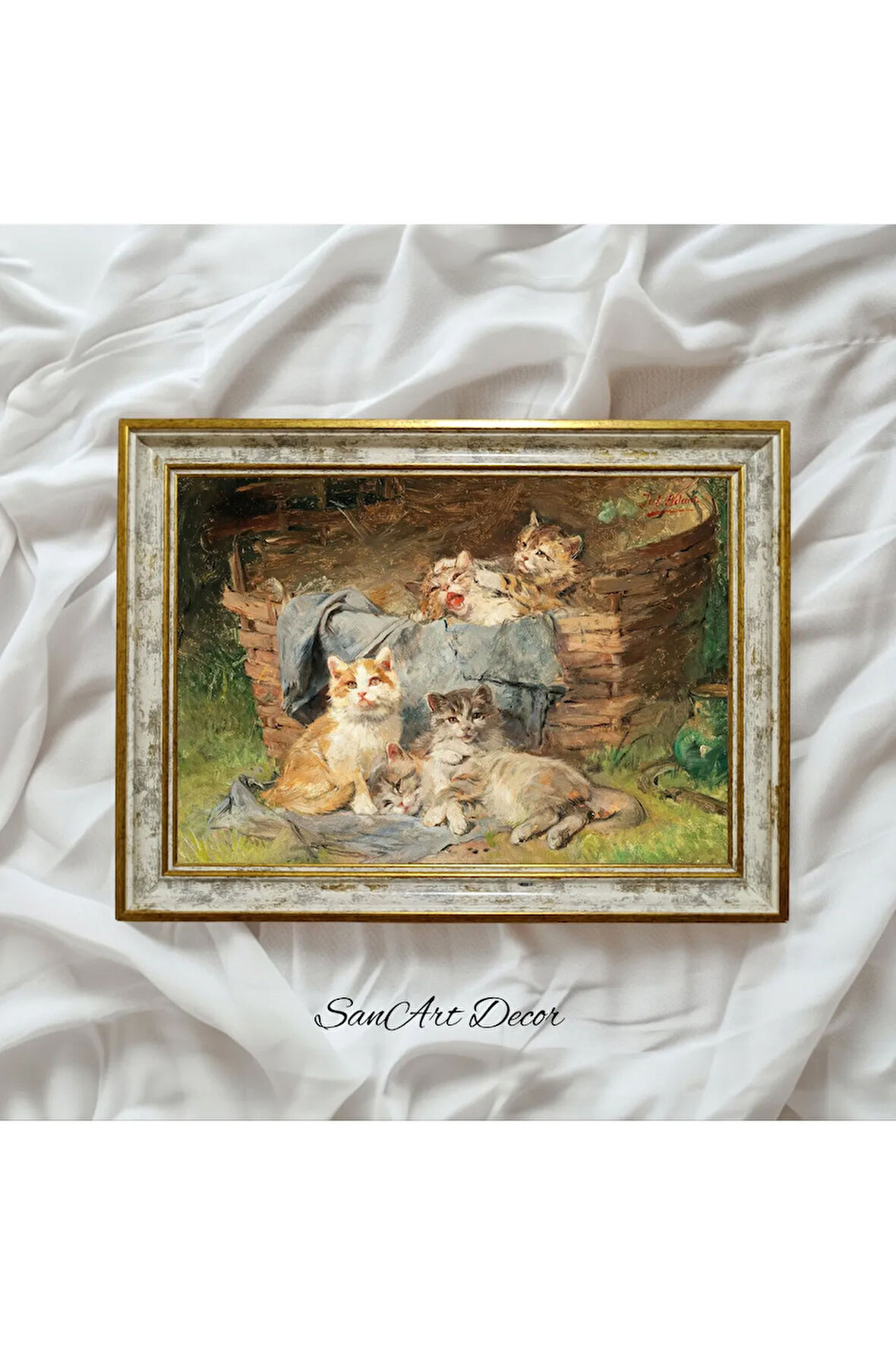 Çerçeveli Vintage Tablo, Kedi Tablosu, Yağlı Boya Tablosu, Çerçeveli Tablo, Sanatsal Dekor,