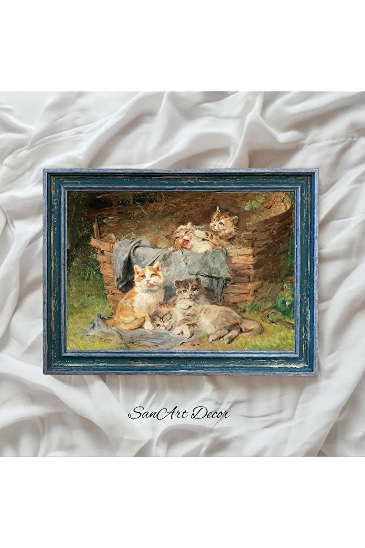 Çerçeveli Vintage Tablo, Kedi Tablosu, Yağlı Boya Tablosu, Çerçeveli Tablo, Sanatsal Dekor,