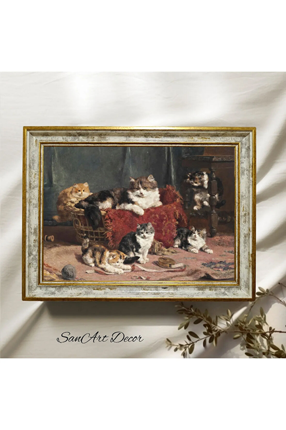 Çerçeveli Vintage Tablo, Kedi Tablosu, Yağlı Boya Tablosu, Çerçeveli Tablo, Sanatsal Dekor