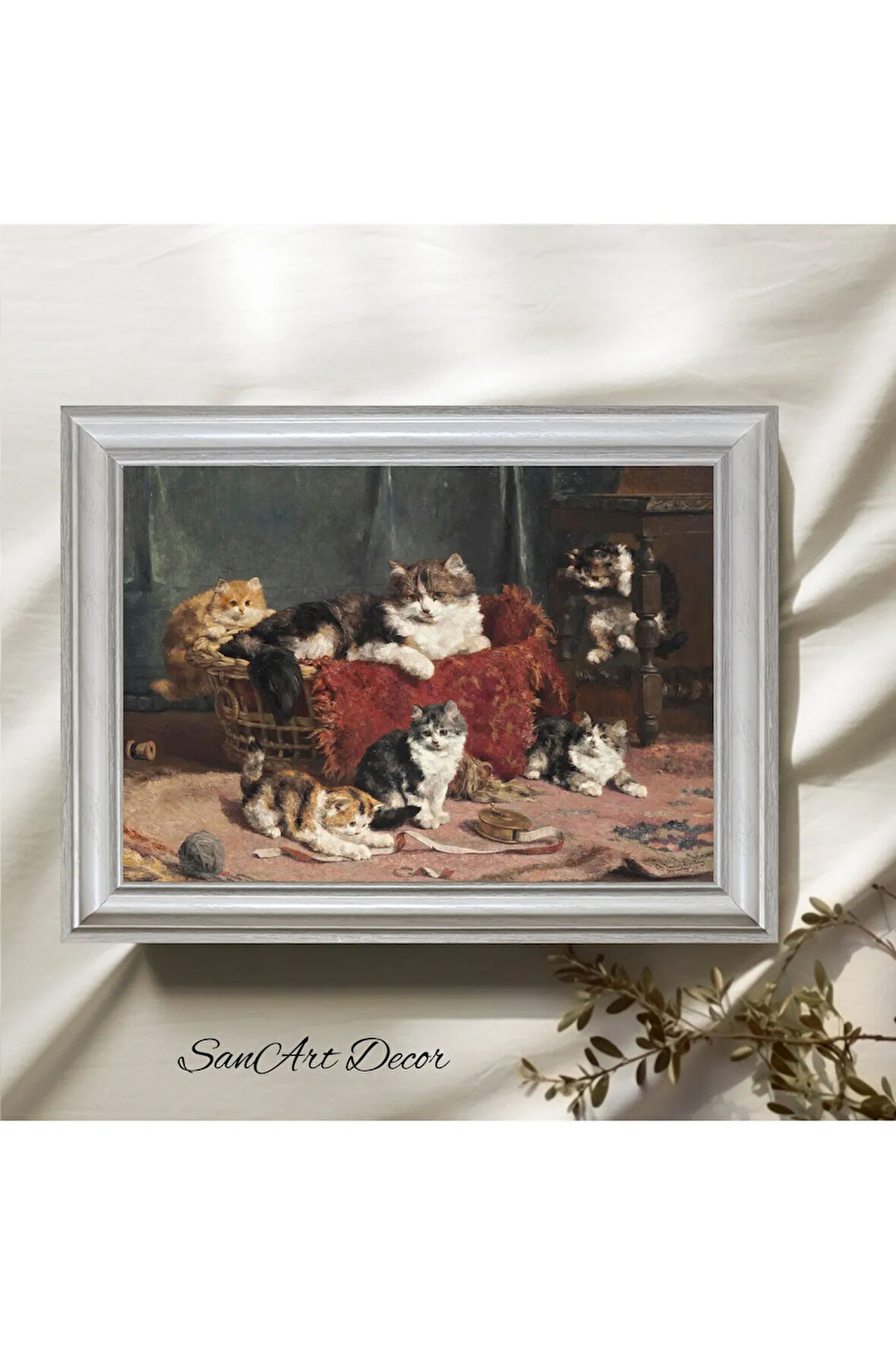Çerçeveli Vintage Tablo, Kedi Tablosu, Yağlı Boya Tablosu, Çerçeveli Tablo, Sanatsal Dekor