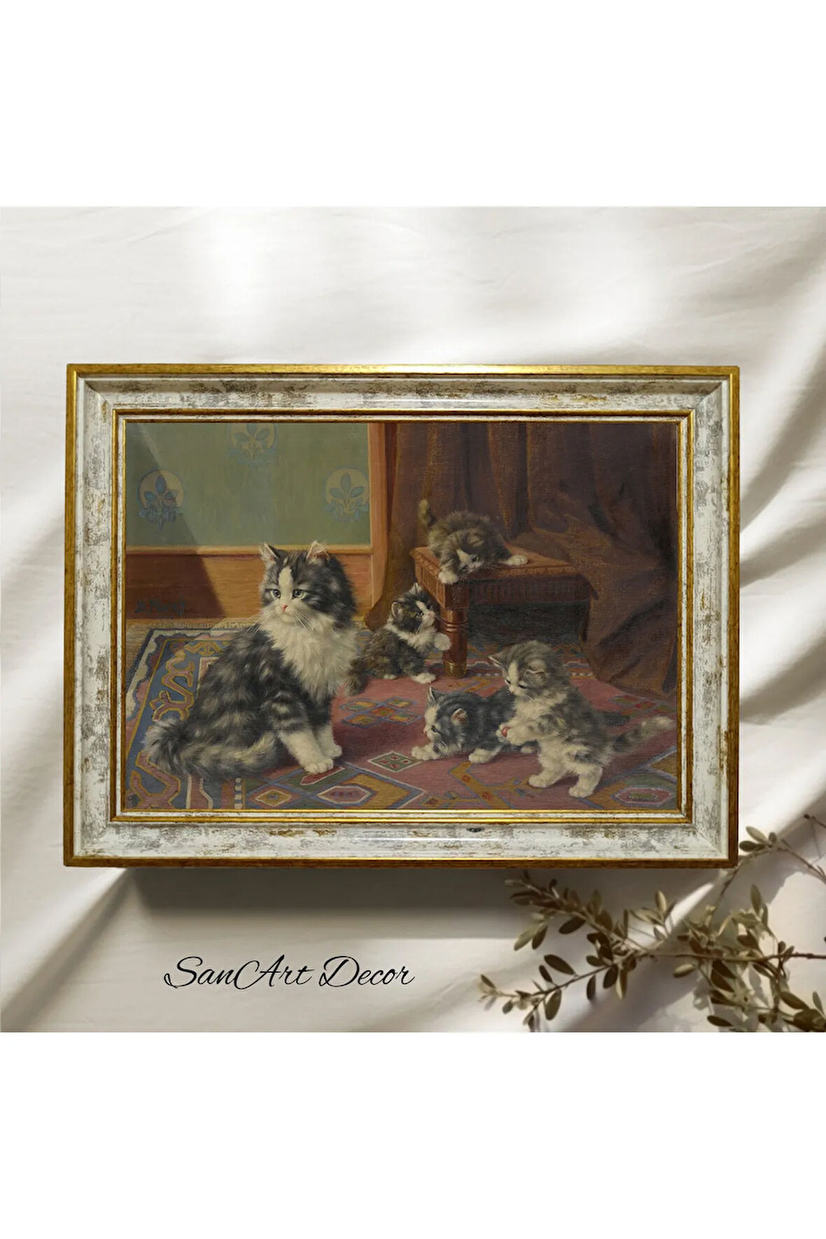 Çerçeveli Vintage Tablo, Kedi Tablosu, Yağlı Boya Tablosu, Çerçeveli Tablo, Sanatsal Dekor,