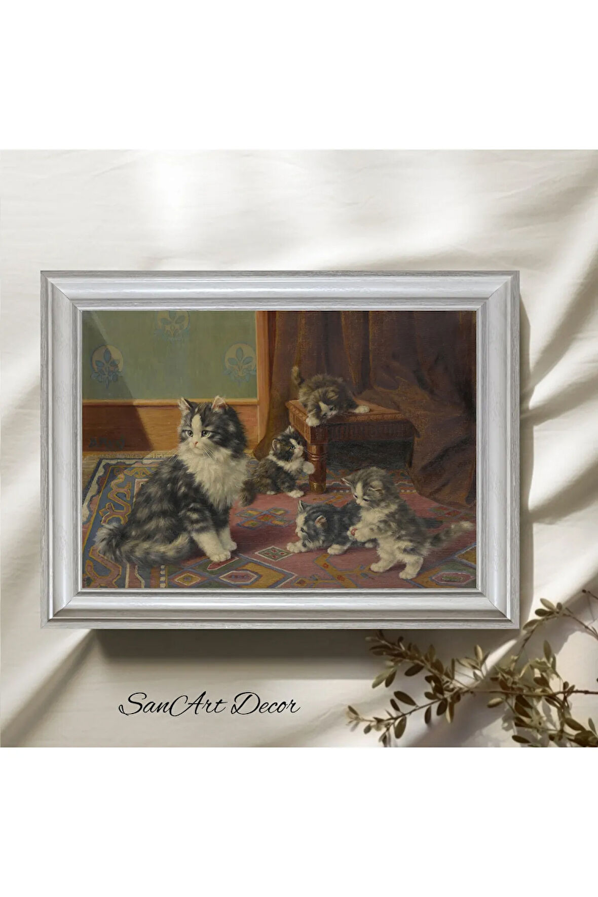 Çerçeveli Vintage Tablo, Kedi Tablosu, Yağlı Boya Tablosu, Çerçeveli Tablo, Sanatsal Dekor,