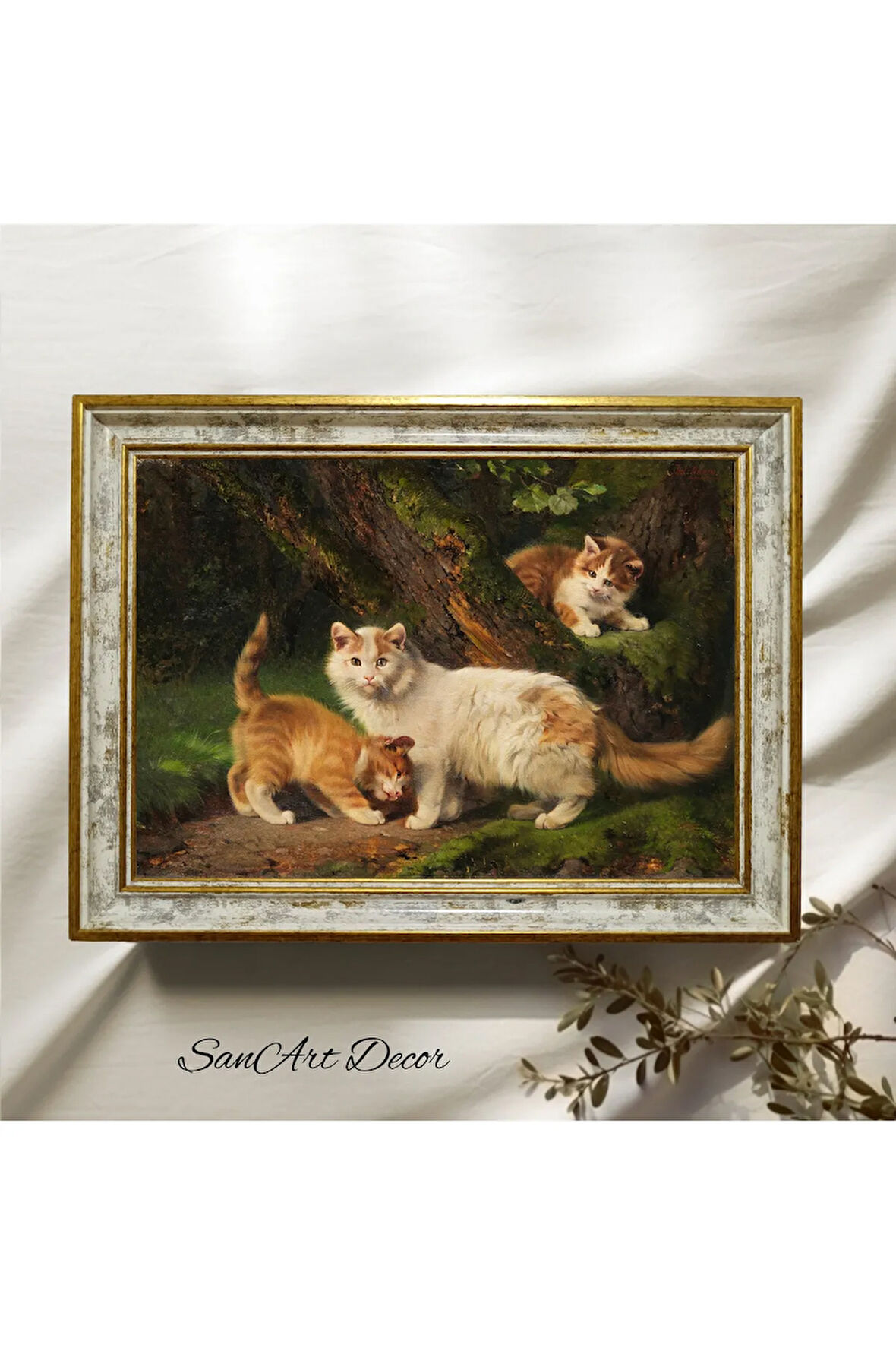 Çerçeveli Vintage Tablo, Kedi Tablosu, Yağlı Boya Tablosu, Çerçeveli Tablo, Sanatsal Dekor