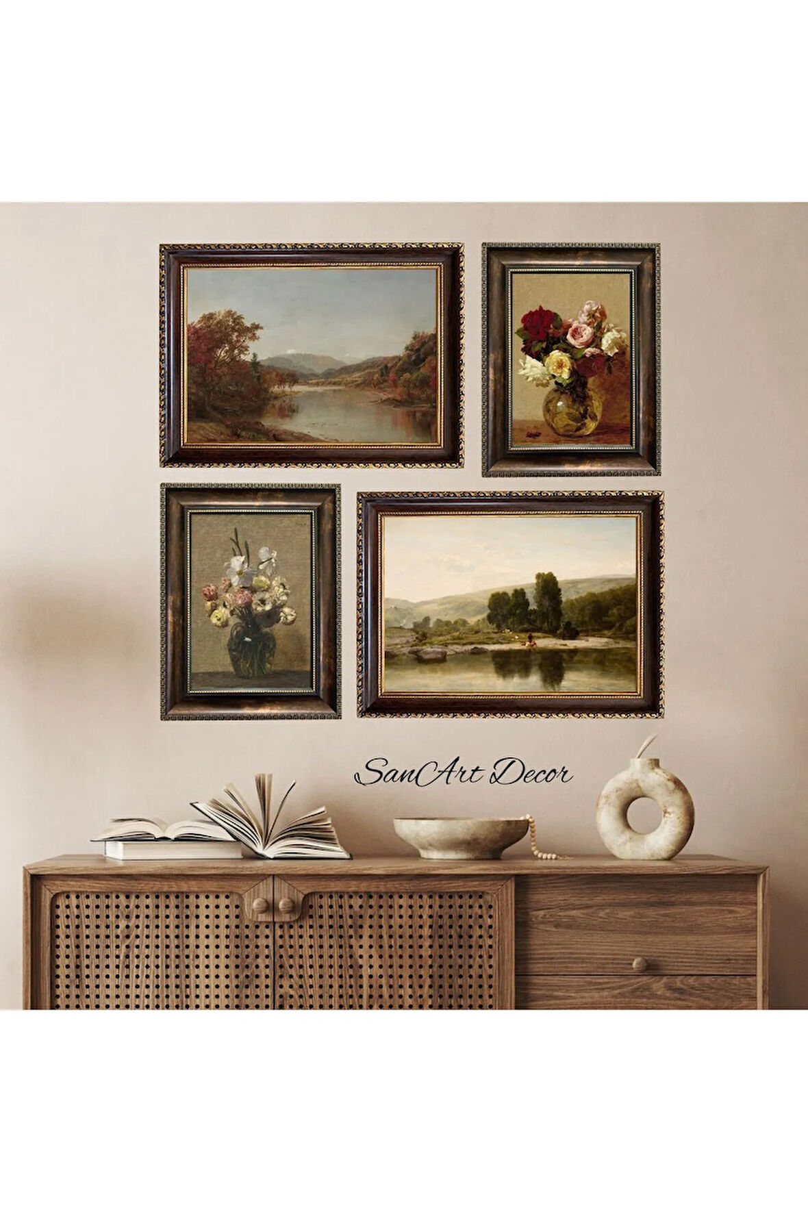 Yağlı Boya Tablo Seti, Vintage Tablo, 4 Parça Çerçeveli Tablo Seti, Sanatsal Dekor, Retro Tablolar