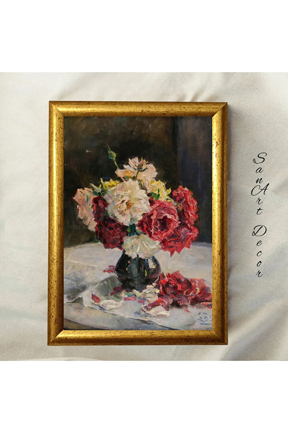 Çerçeveli Vintage Tablo, Yağlı Boya Tablosu, Çerçeveli Tablo, Sanatsal Dekor, Çiçek Tablosu