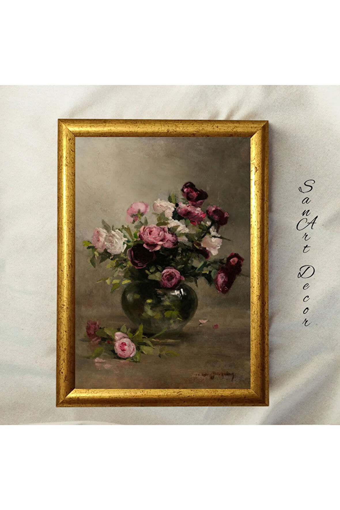 Çerçeveli Vintage Tablo, Yağlı Boya Tablosu, Çerçeveli Tablo, Sanatsal Dekor, Çiçek Tablosu