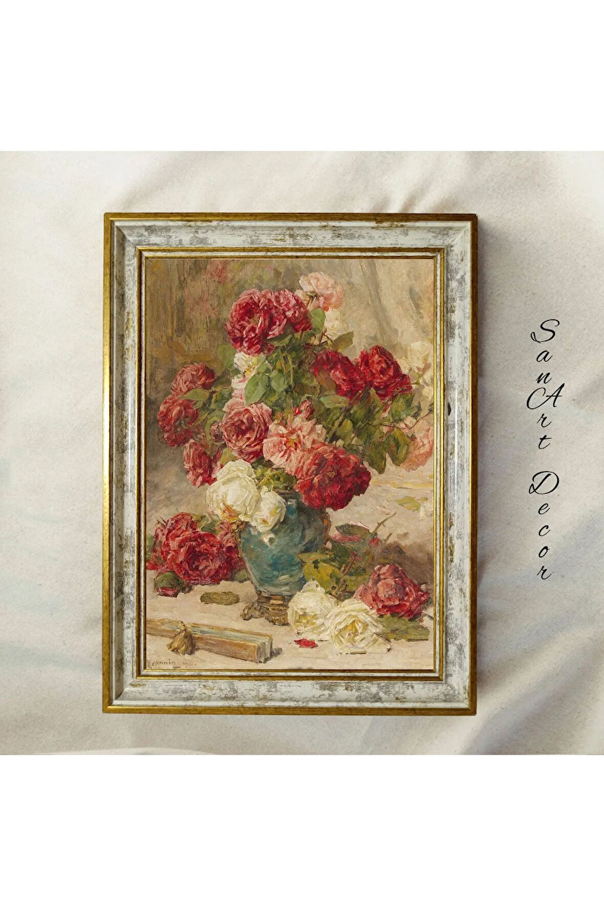 Çerçeveli Vintage Tablo, Yağlı Boya Tablosu, Çerçeveli Tablo, Sanatsal Dekor, Çiçek Tablosu