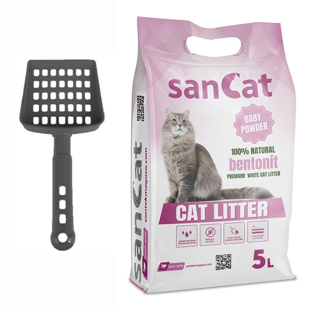 Sancat Premium Bebek Pudrası Kokulu Topaklaşan Beyaz Bentonit Kedi Kumu 5 L + Kürek