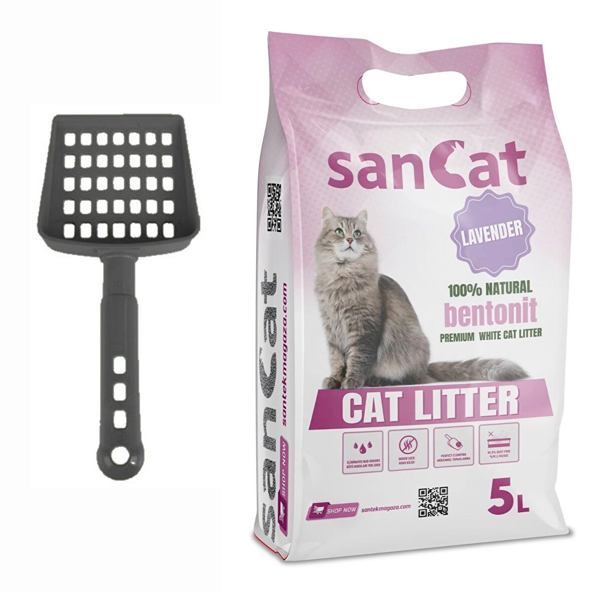 Sancat Premium Lavanta Kokulu Topaklaşan Beyaz Bentonit Kedi Kumu 5 L + Kürek