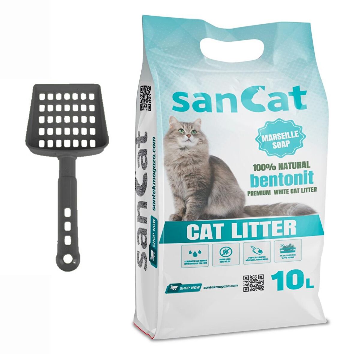 Sancat Premium Marsilya Sabun Kokulu Topaklaşan Beyaz Bentonit Kedi Kumu 10 L + Kürek