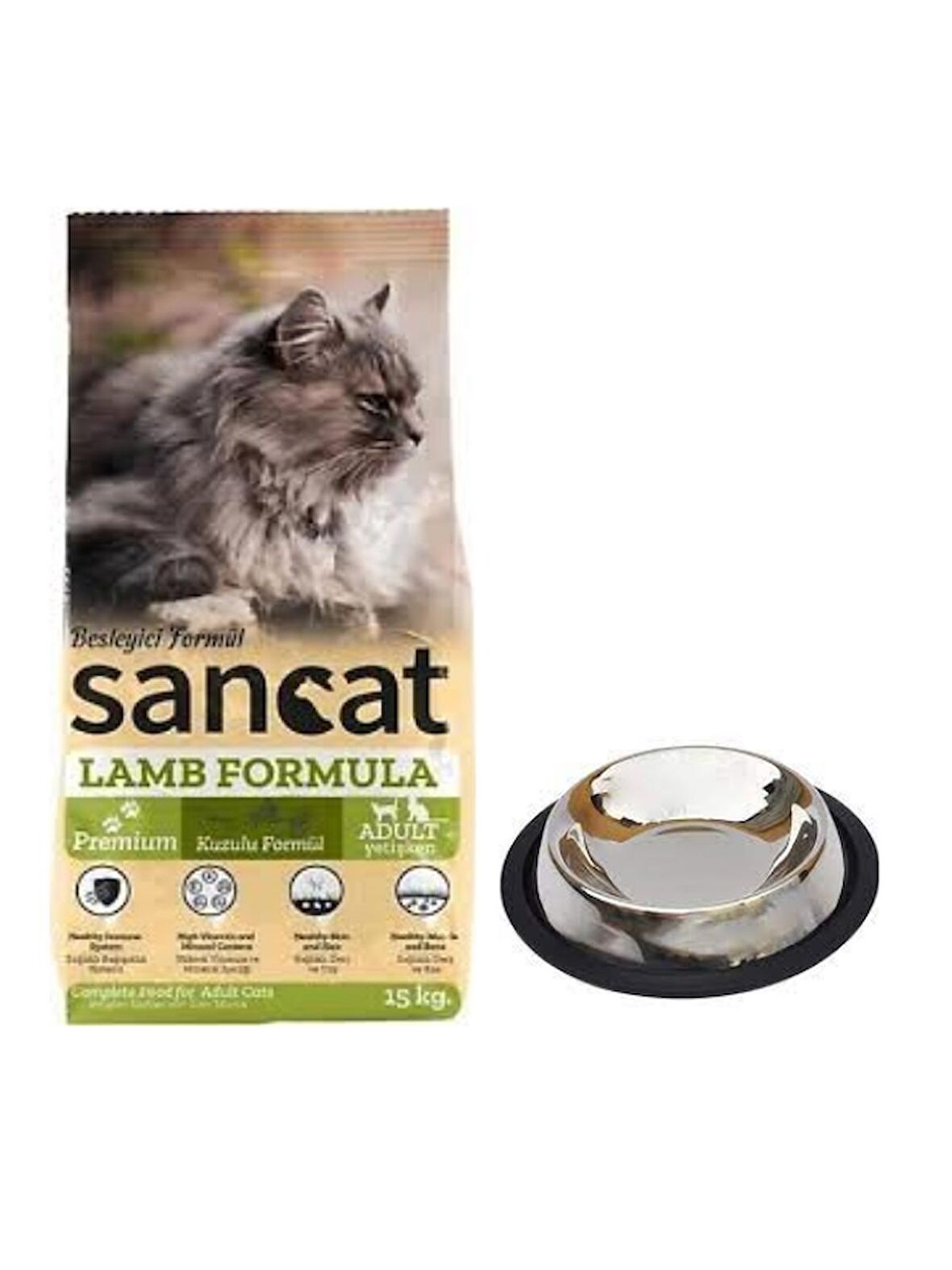 Sancat Premium Kuzulu Yetişkin Kedi Maması 15 Kg,Kaymaz Tabanlı Su ve Mama Kabı