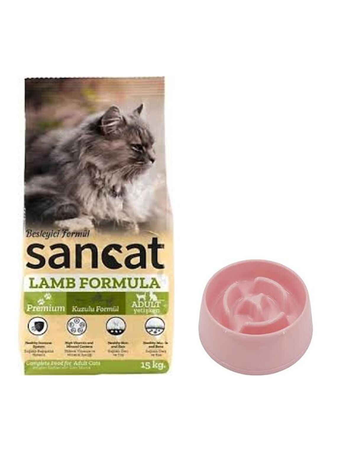 Sancat Premium Kuzulu Yetişkin Kedi Maması 15 Kg,Yavaş Yeme Mama Kabı 175 Ml.