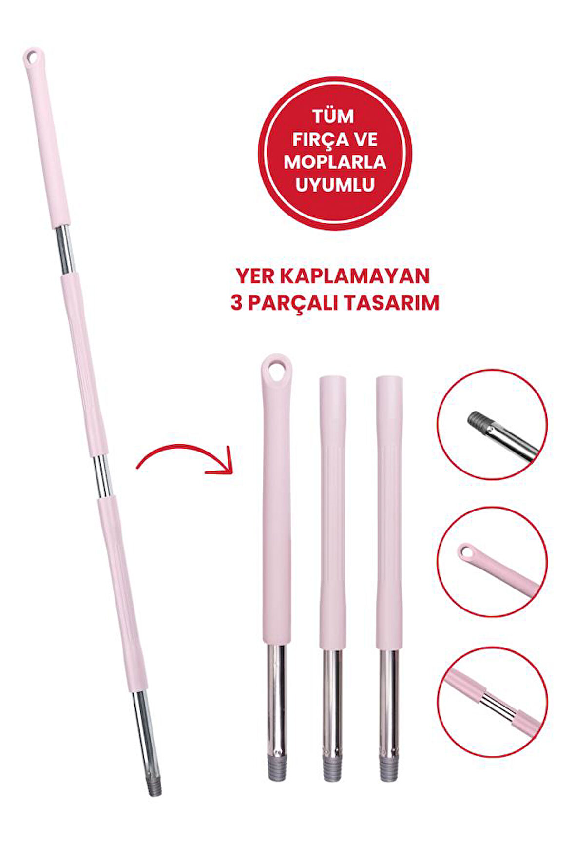 Tüm Vidalı Fırça ve Temizlik Gereçleriyle Uyumlu Mop Sapı, 3 Parçalı, Ayrılabilir, Çok Amaçlı