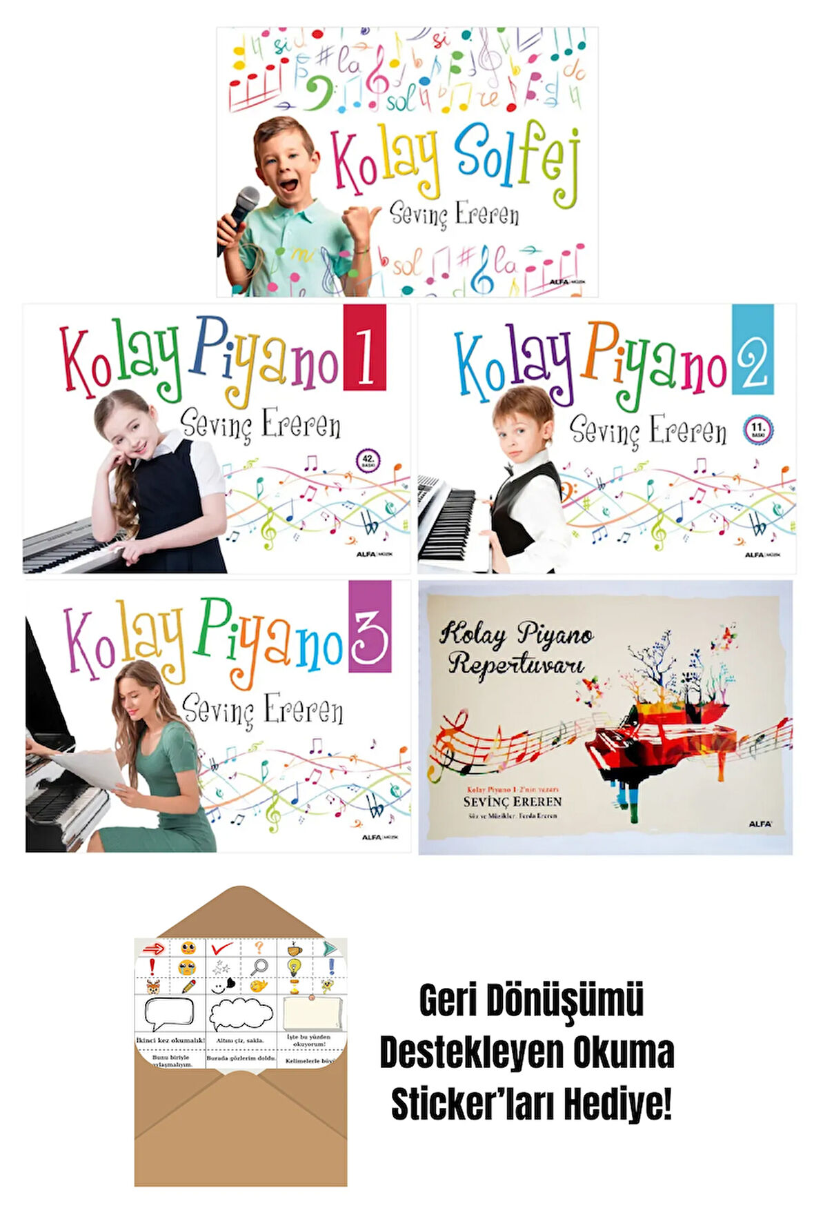 Sevinç Ereren 5 Kitap Set / Kolay Piyano 1-2-3 +  Okuma Sticker'ları
