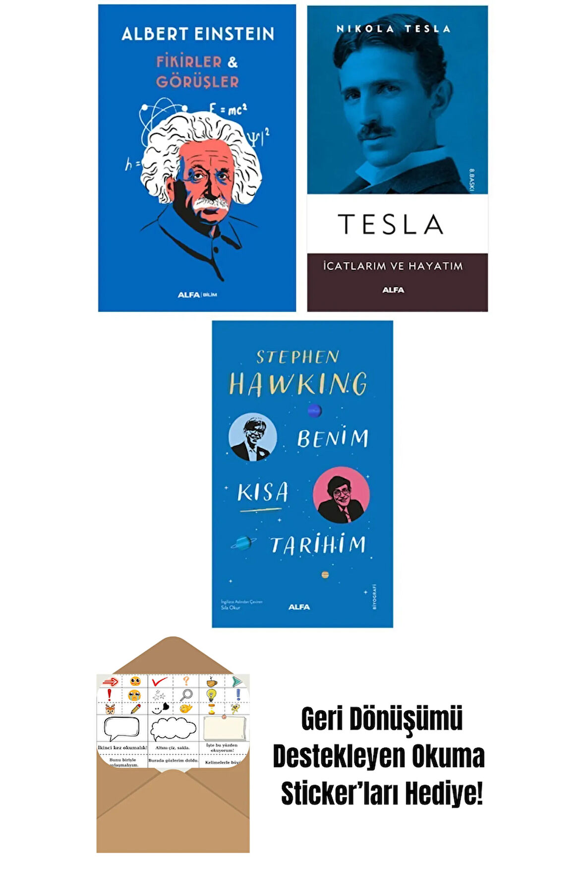 Albert Einstein + Nikola Tesla + Stephen Hawking Otobiyografileri + Okuma Sticker'ları