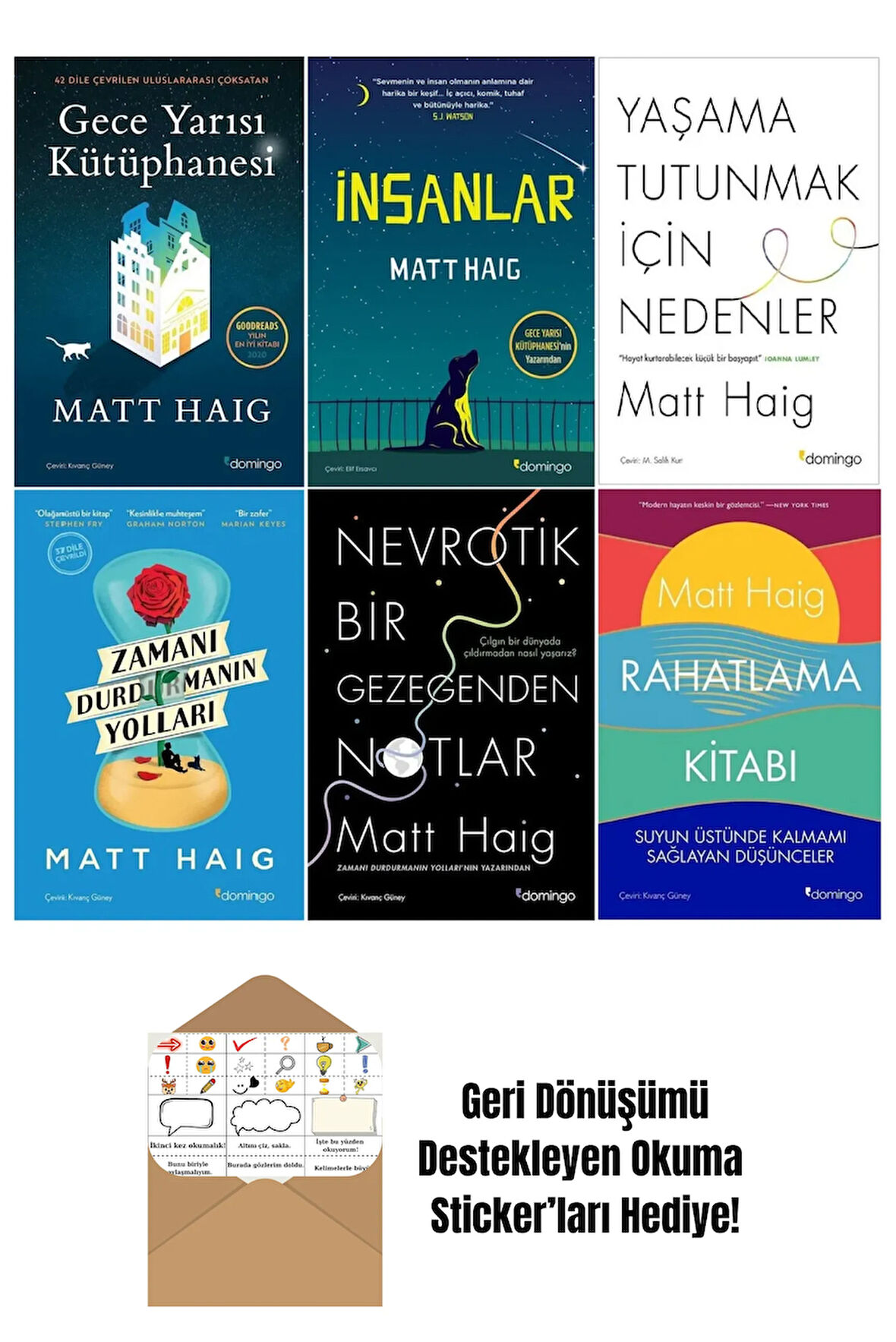 Matt Haig 6 Kitap Set - Zamanı Durdurmanın Yolları - Gece Yarısı Kütüphanesi + Okuma Sticker'ları