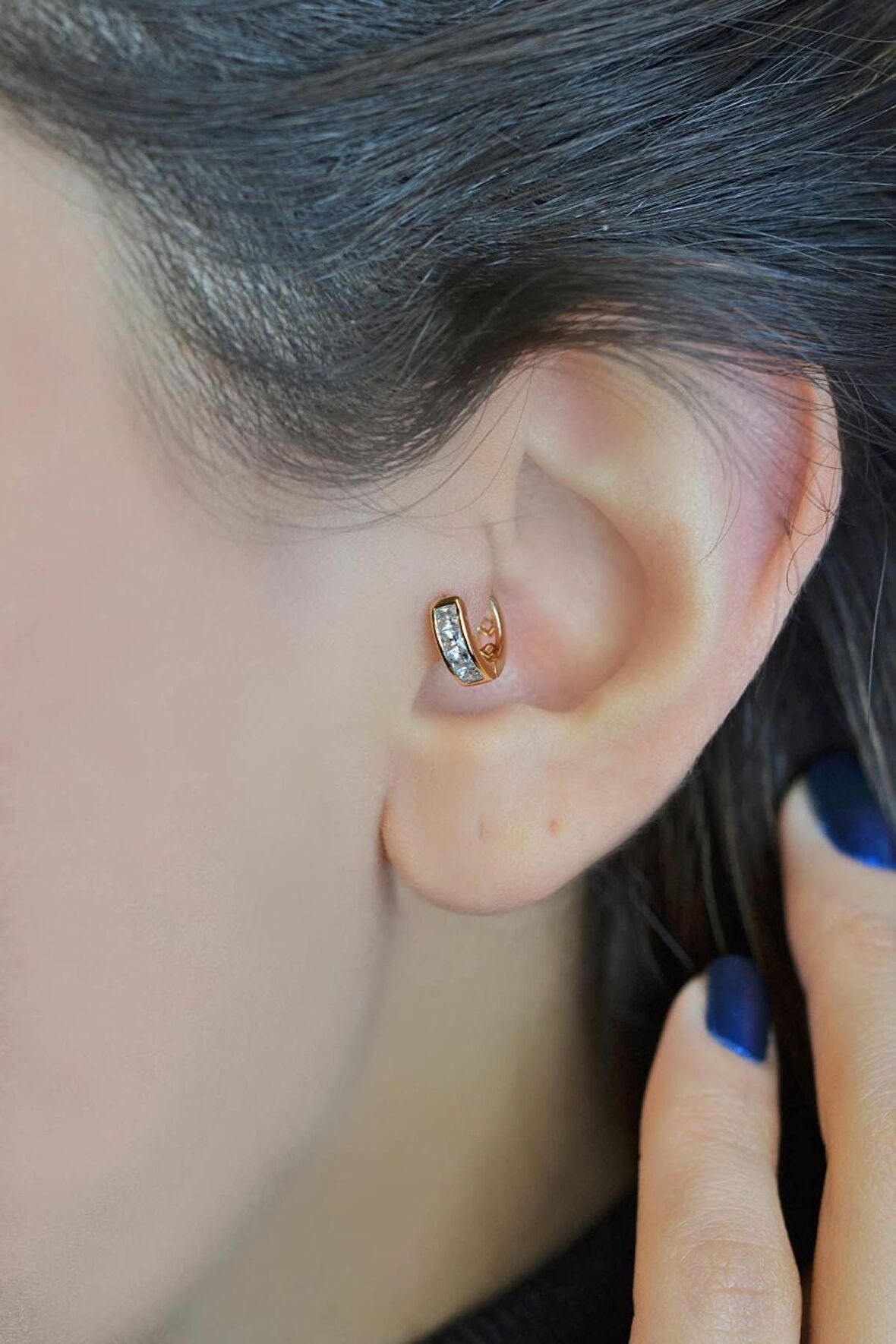 Baget Taşlı Halka Tragus Piercing Helix Kıkırdak Küpesi