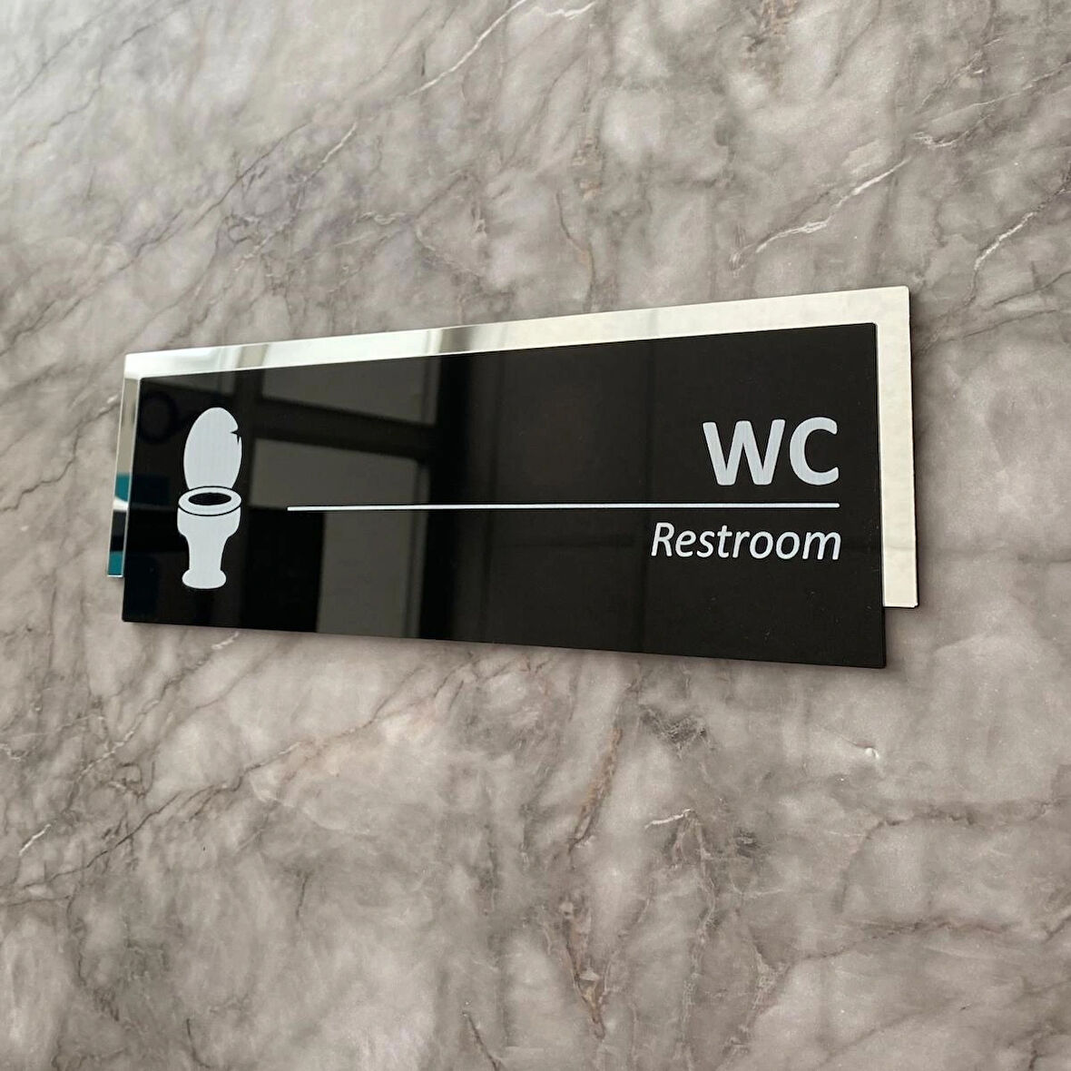 Silver Aynalı Parlak Siyah Seri WC Tuvalet Kapı Isimliği Yönlendirme Levhası