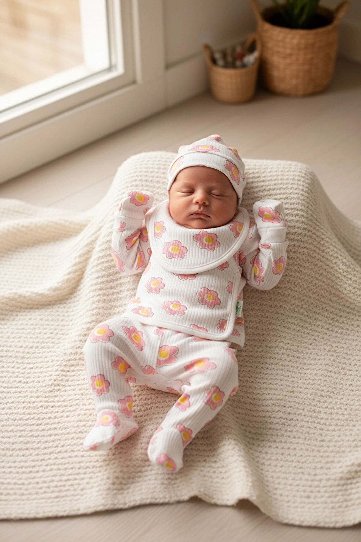 SaraKids Kız Bebek Yeni doğan 5’li Set Beyaz Pembe çiçek Desenli