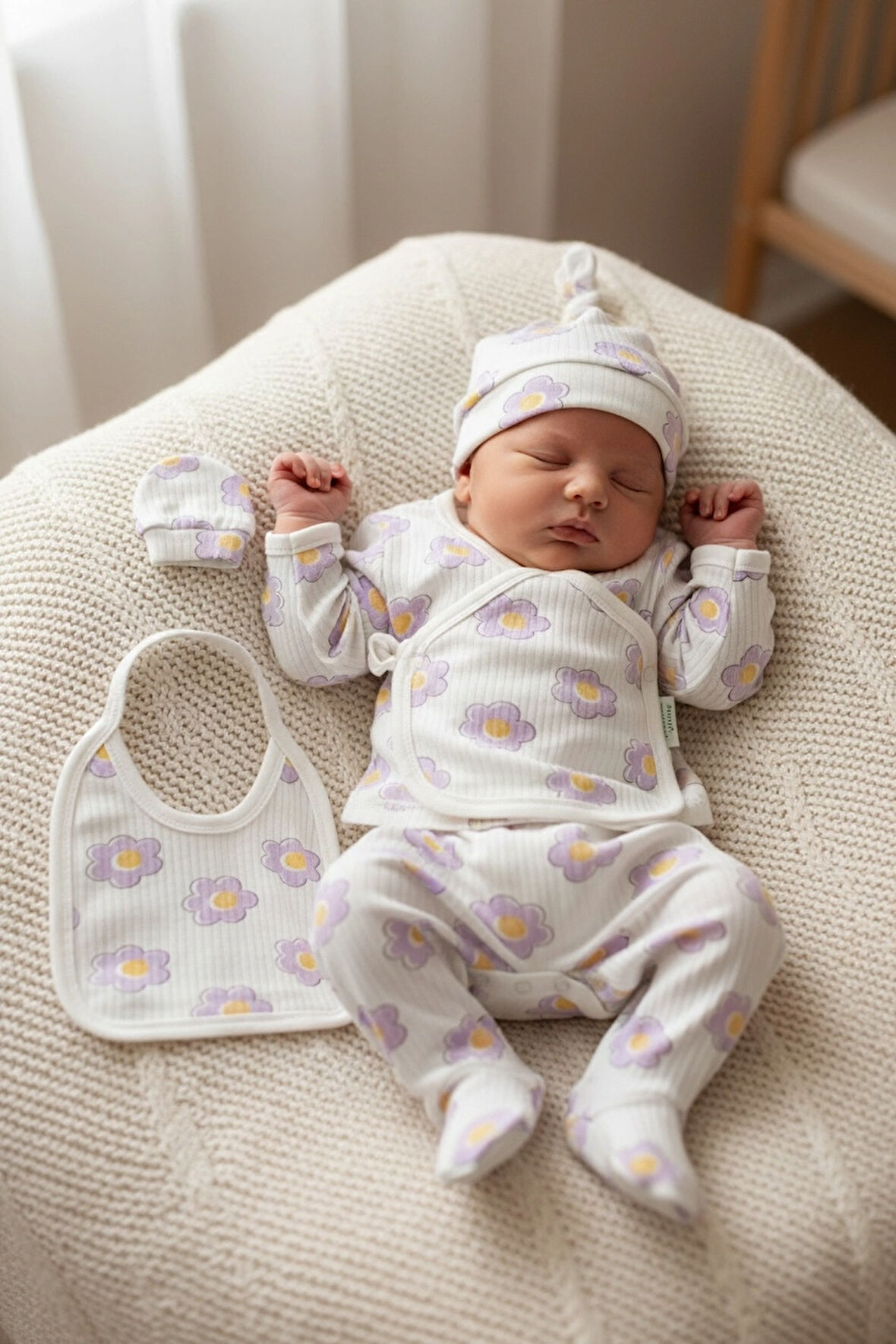 SaraKids Kız Bebek Yeni doğan 5’li Set Beyaz lila çiçek Desenli