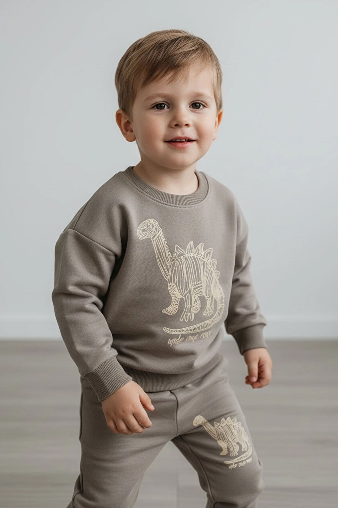 Sarakids 1 Yaş Erkek Bebek Takım – Bej Üst & Alt – Dinazor Baskılı