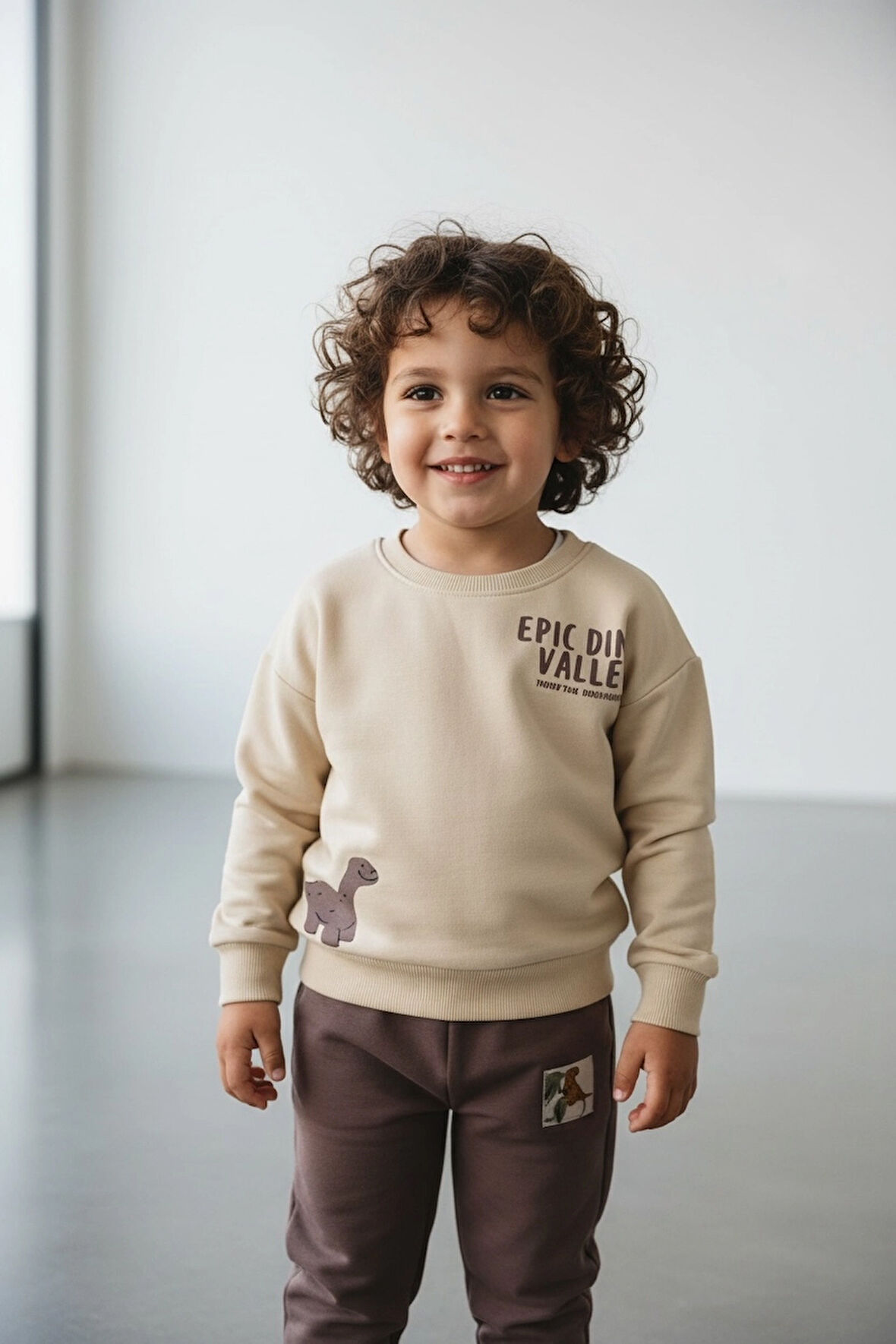 Sarakids 2 Yaş Erkek Bebek Takım – Bej Üst & Kahve Alt – Dino Valley Baskılı