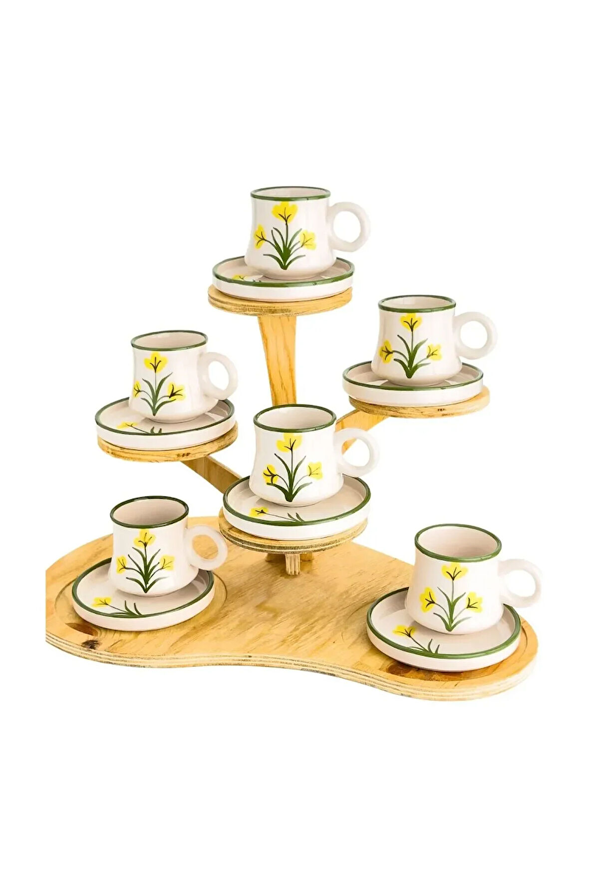 6’lı Takım Sarı Çiçek El Yapımı kazan Seramik Kahve Fincanı, Kahve Fincanı