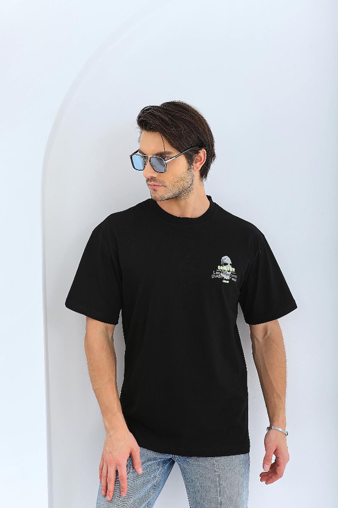 Unisex Oversize Baskılı Bisiklet Yaka T-Shirt - Siyah