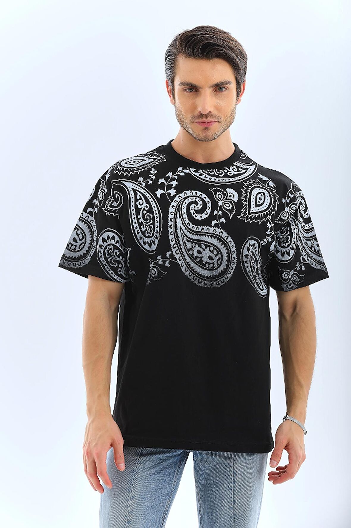 Unisex Oversize Baskılı Bisiklet Yaka T-Shirt - Siyah