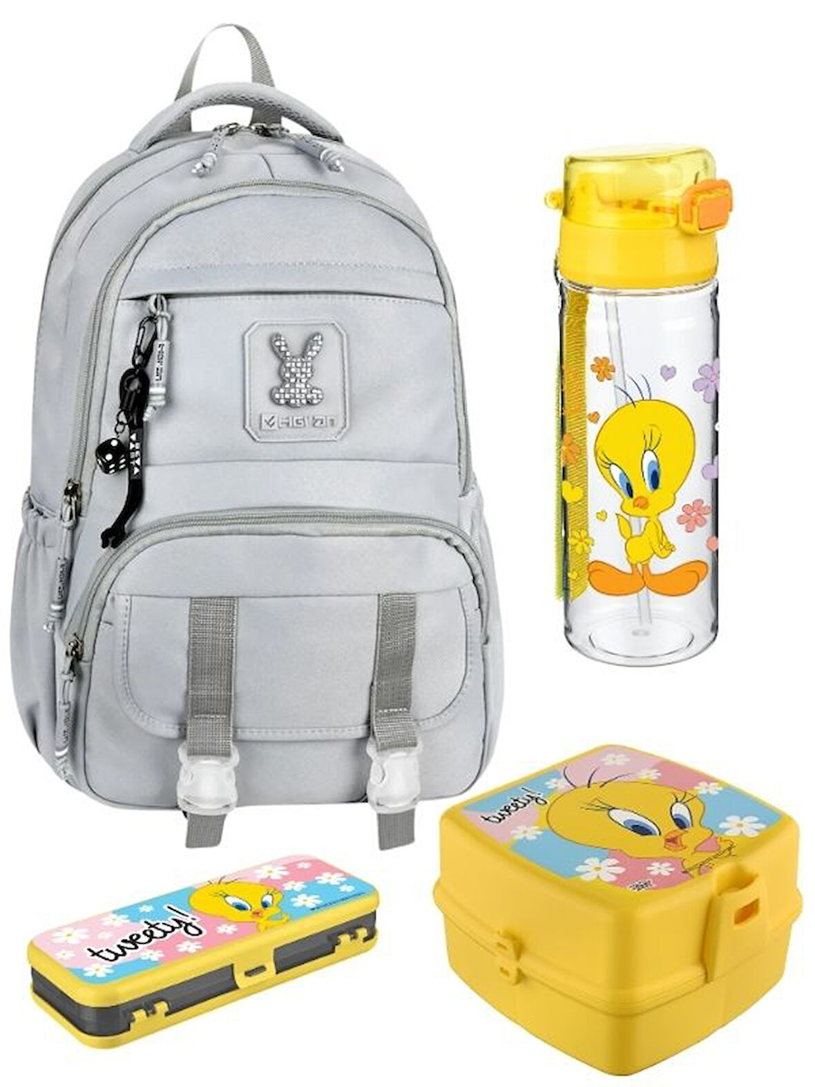 GRİ renk Tokalı OKUL ÇANTASI ve TWEETY SULUK 4'LÜ KIRTASİYE SETİ, SU GEÇİRMEZ ÇANTA