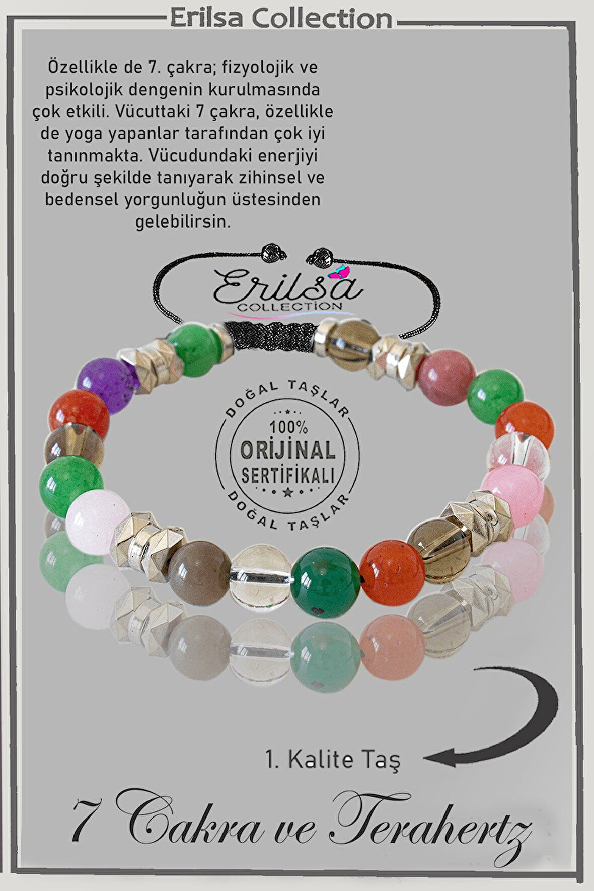 Sertifikalı Silver Hematitli - 7 Çakra Doğal Taş Bileklik - Akik Ametist Kuvars Aventurin