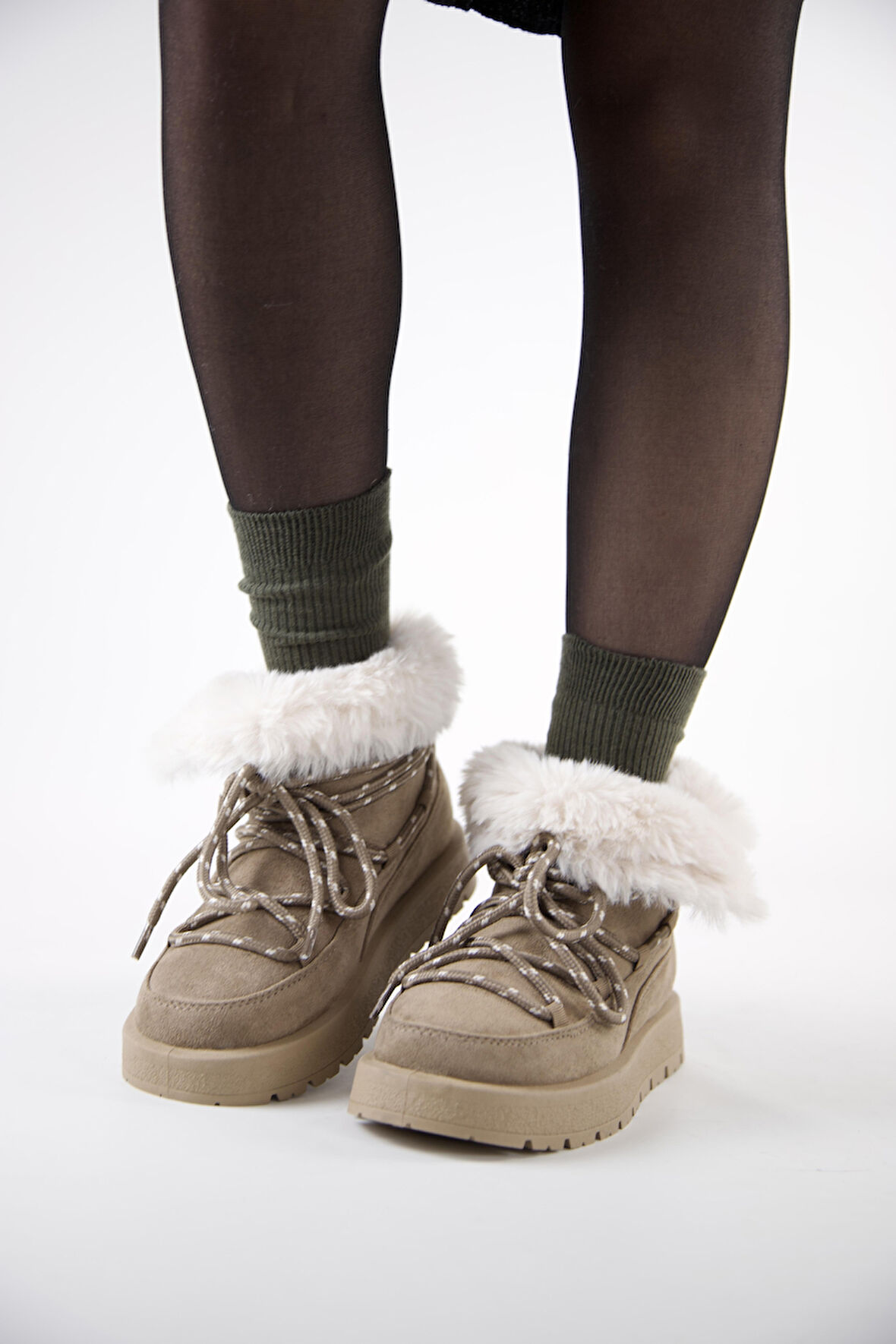 219851141-32 Kadın Yumuşak Rahat Kürklü Bot - Tekstil Süet Kışlık Vizon Bot