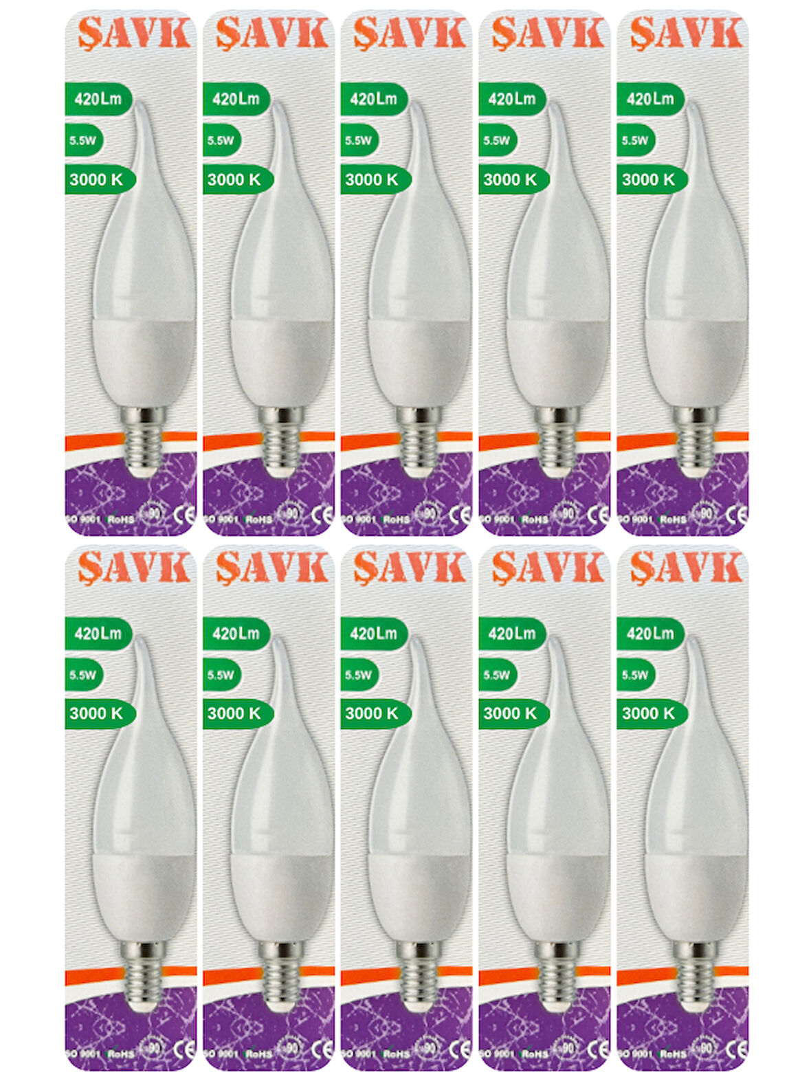 (10 Adet) Şavk 5,5W (37W) Sarı Işık (3000K) E14 Duylu (İnce Duy) Led Kıvrık Ampul