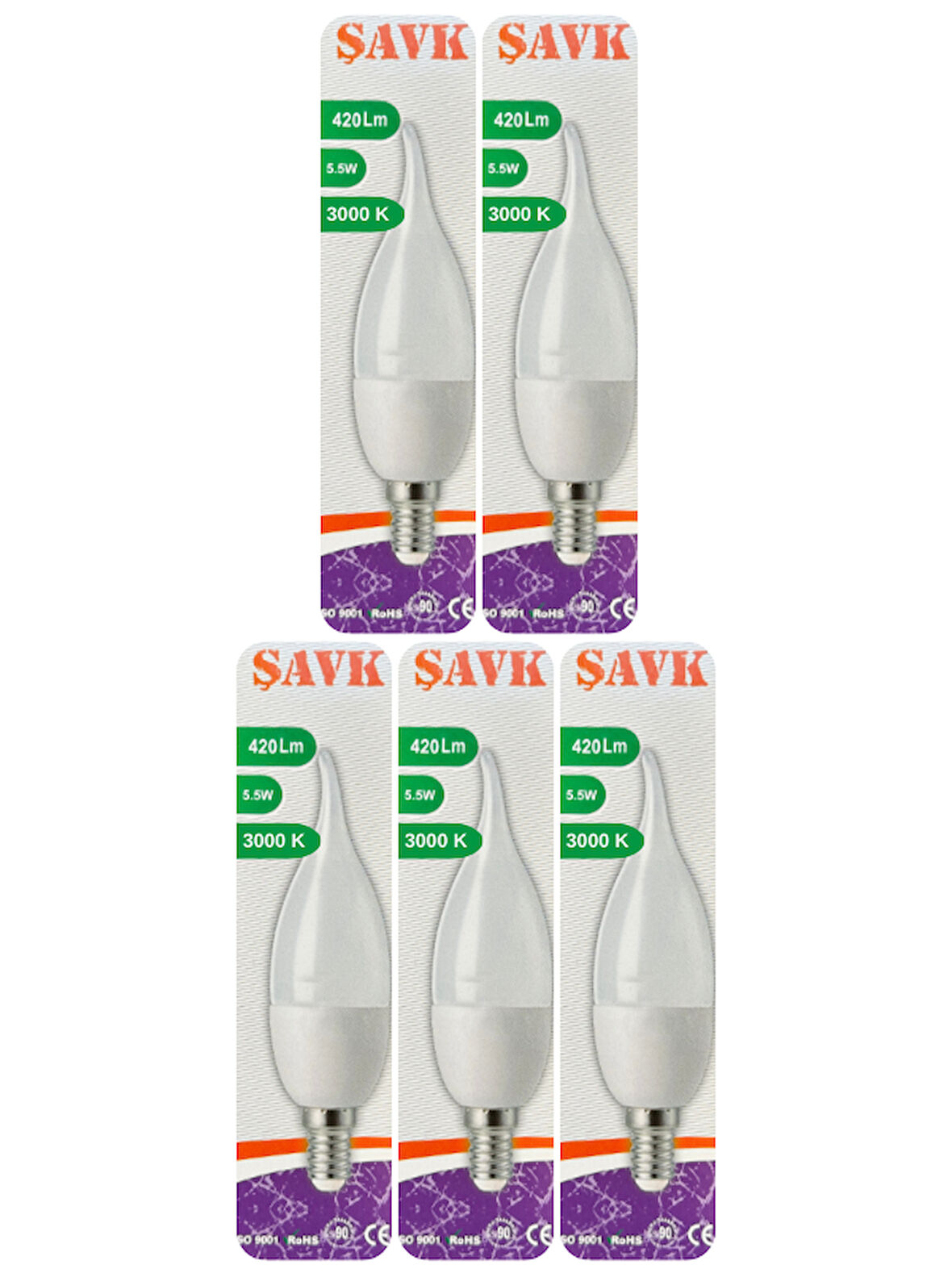 (5 Adet) Şavk 5,5W (37W) Sarı Işık (3000K) E14 Duylu (İnce Duy) Led Kıvrık Ampul