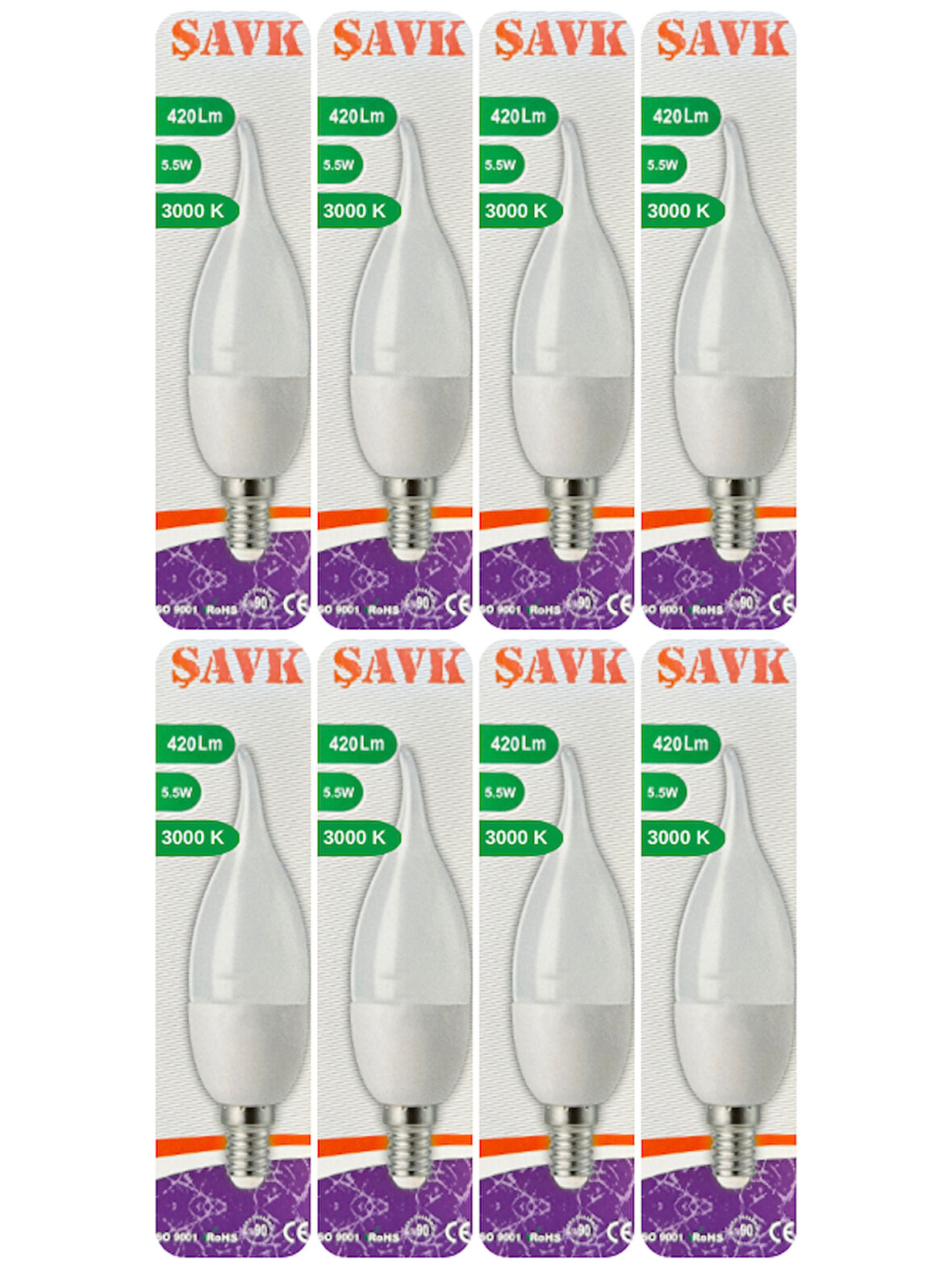 (8 Adet) Şavk 5,5W (37W) Sarı Işık (3000K) E14 Duylu (İnce Duy) Led Kıvrık Ampul