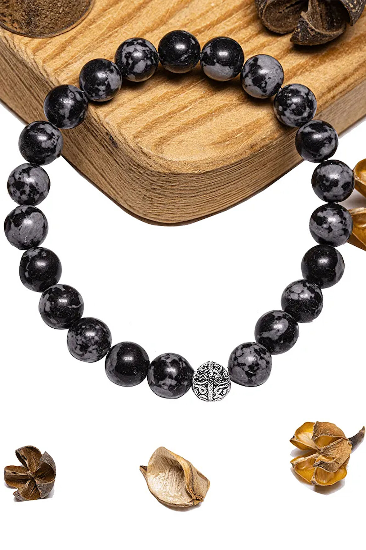 Sertifikalı Karlı Obsidyen Taşı Bileklik - Gümüş Aparatlı