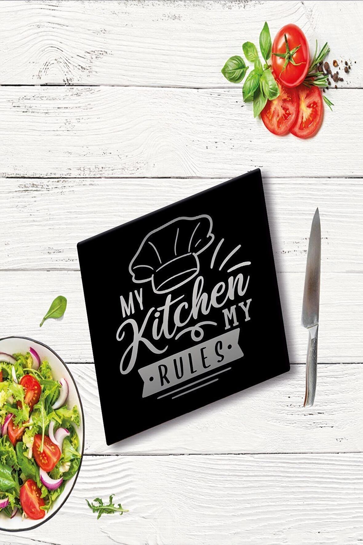 My Kitchen Siyah Şapka Cam Kesme Tahtası - Tablası | 30 Cm X 40 Cm