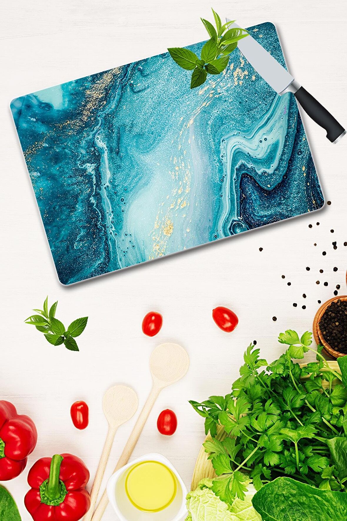 Dekoratif Cam Kesme Tahtası 30cm x 40cm Okyanus