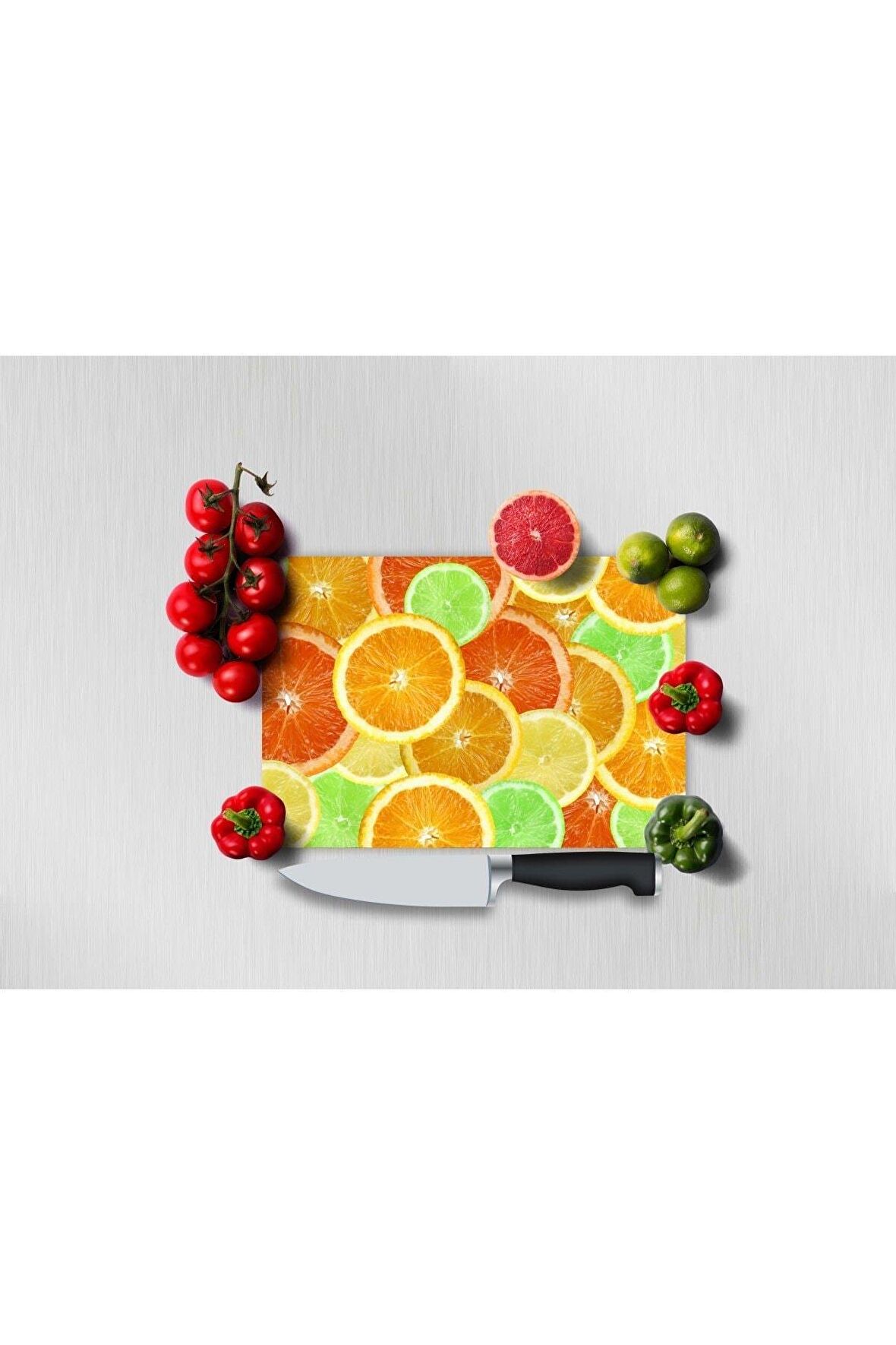 Dekoratif Cam Kesme Tahtası 30cm x 40cm Renkli Portakallar
