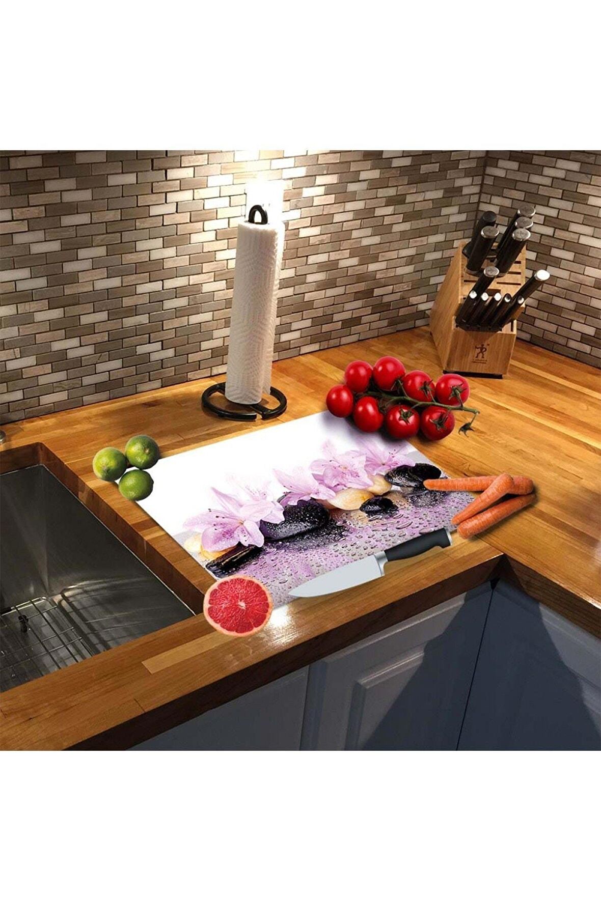 Dekoratif Cam Kesme Tahtası 30cm x 40cm Menekşeler