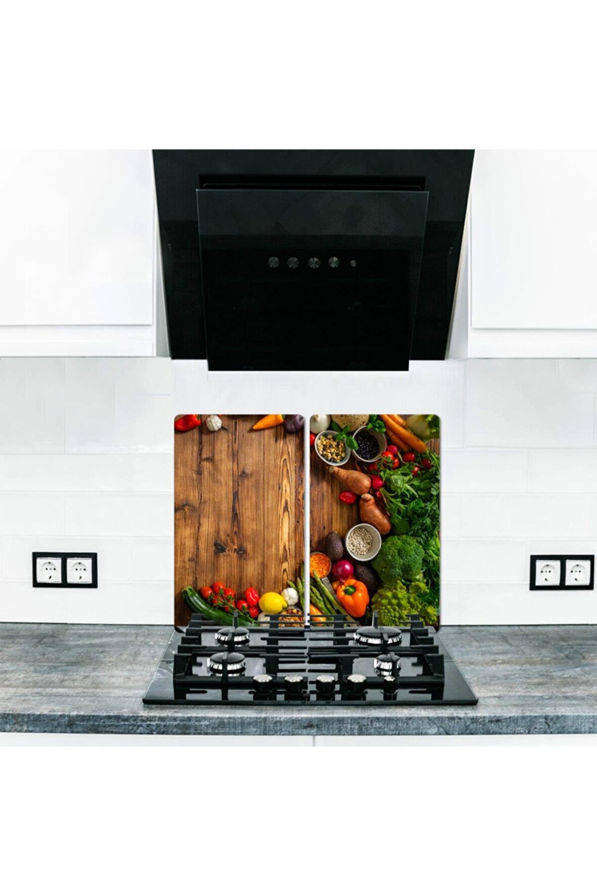 Dekoratif Cam Ocak Koruyucu ve Kesim Tablası Tahta ve Ahşap ve Sebzeler 60cm x 52cm 2 Parça, 4'lü Ocaklar