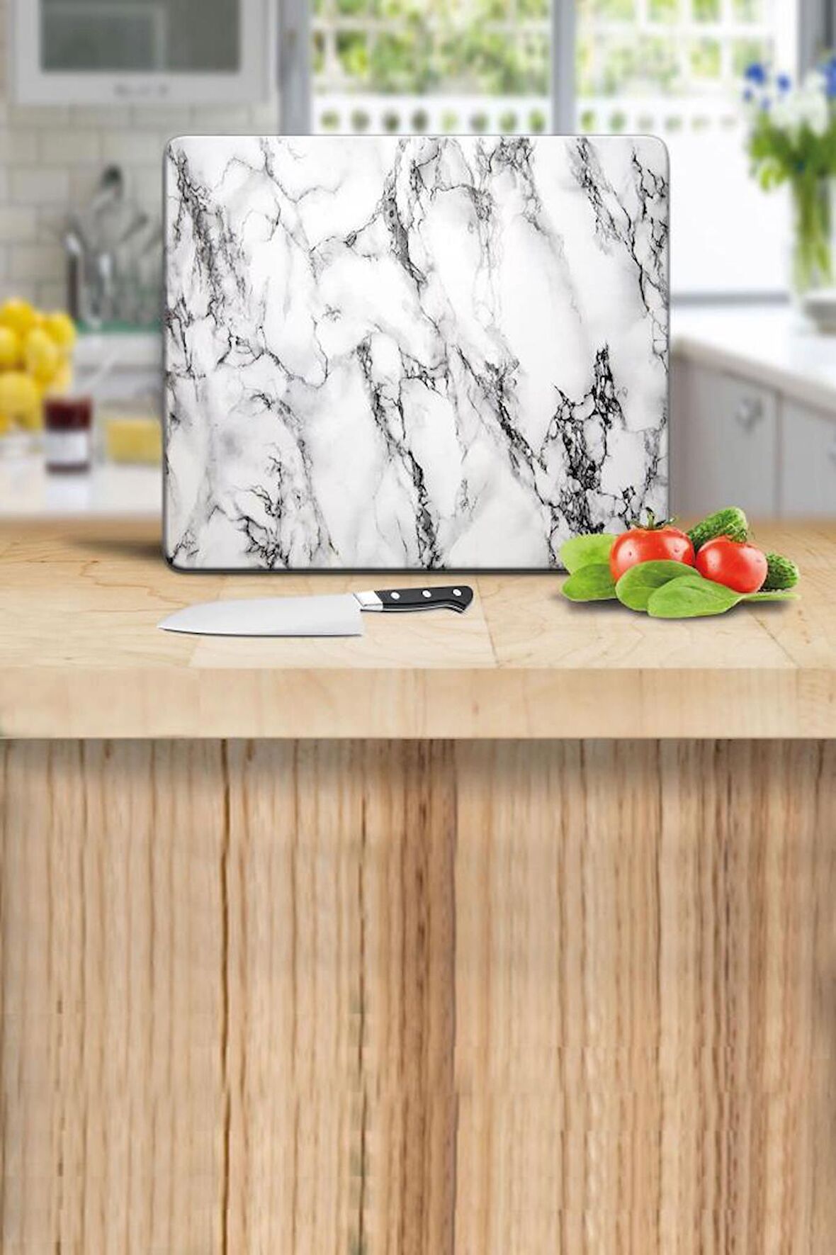 Dekoratif Cam Kesme Tahtası Beyaz Mermer 29 x 34 cm | Cam Kesme Tablası