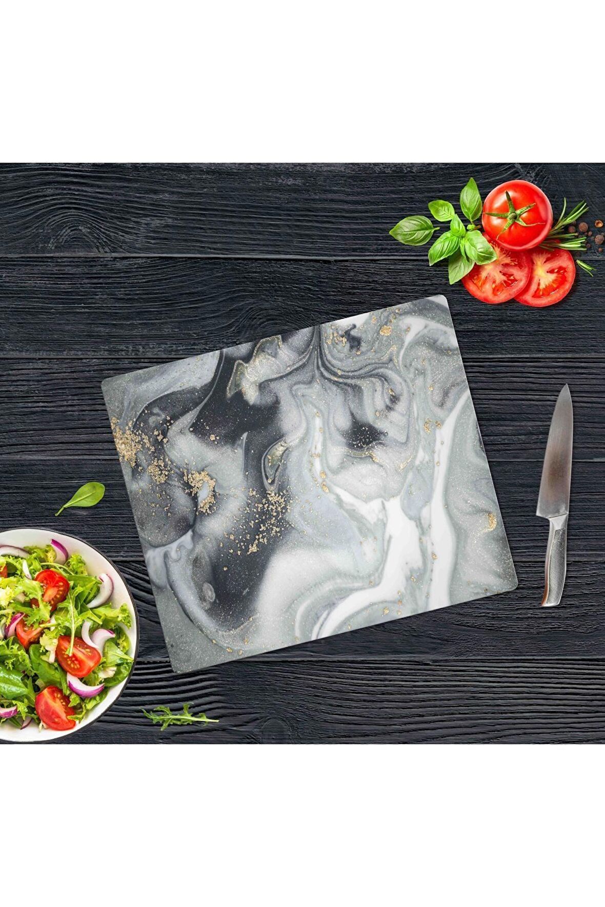 Dekoratif Cam Kesme Tahtası Gri Altın Mermer 29 x 34 cm | Cam Kesme Tablası