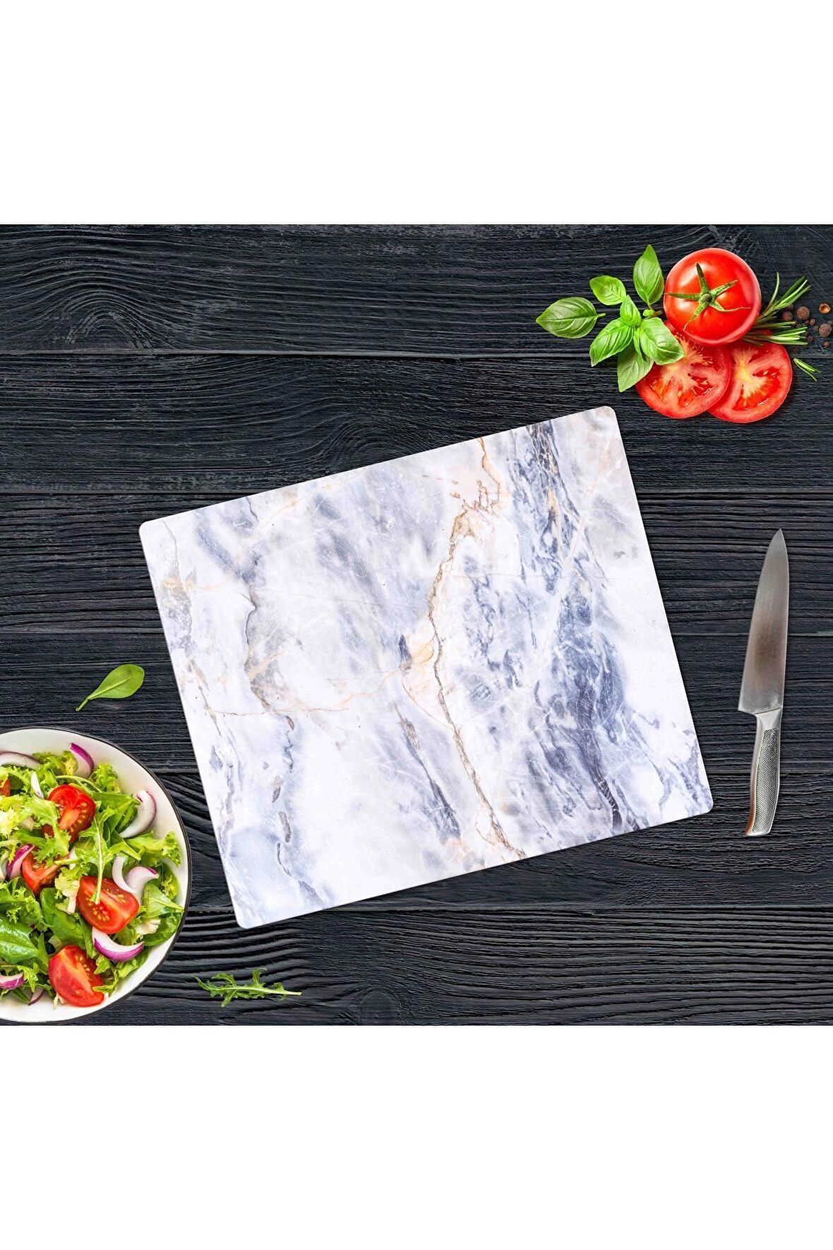 Dekoratif Cam Kesme Tahtası Mavi Mermer 29 x 34 cm | Cam Kesme Tablası