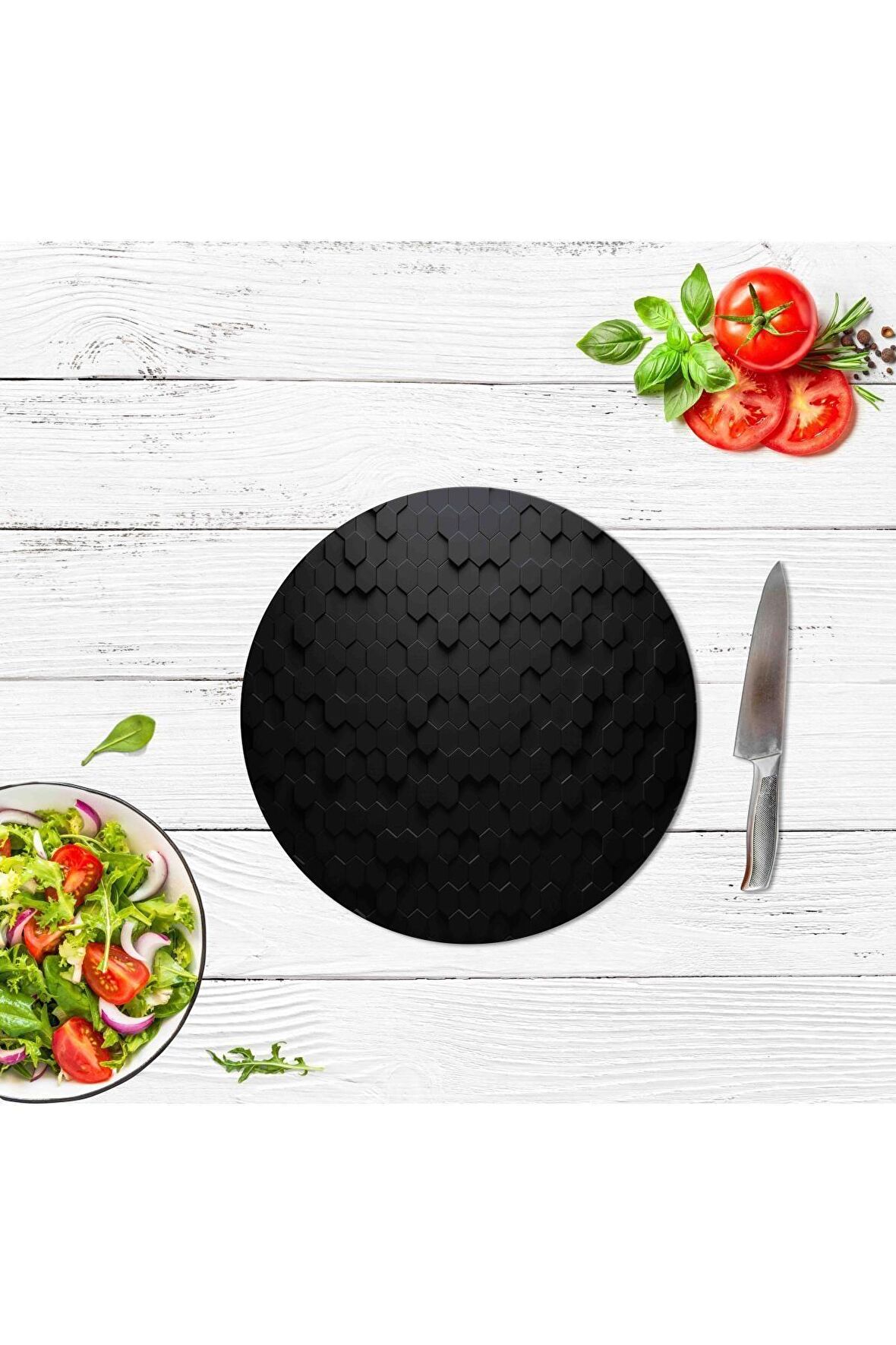 Çap 32 cm Siyah Altıgen Desenli Cam Kesme Tablası