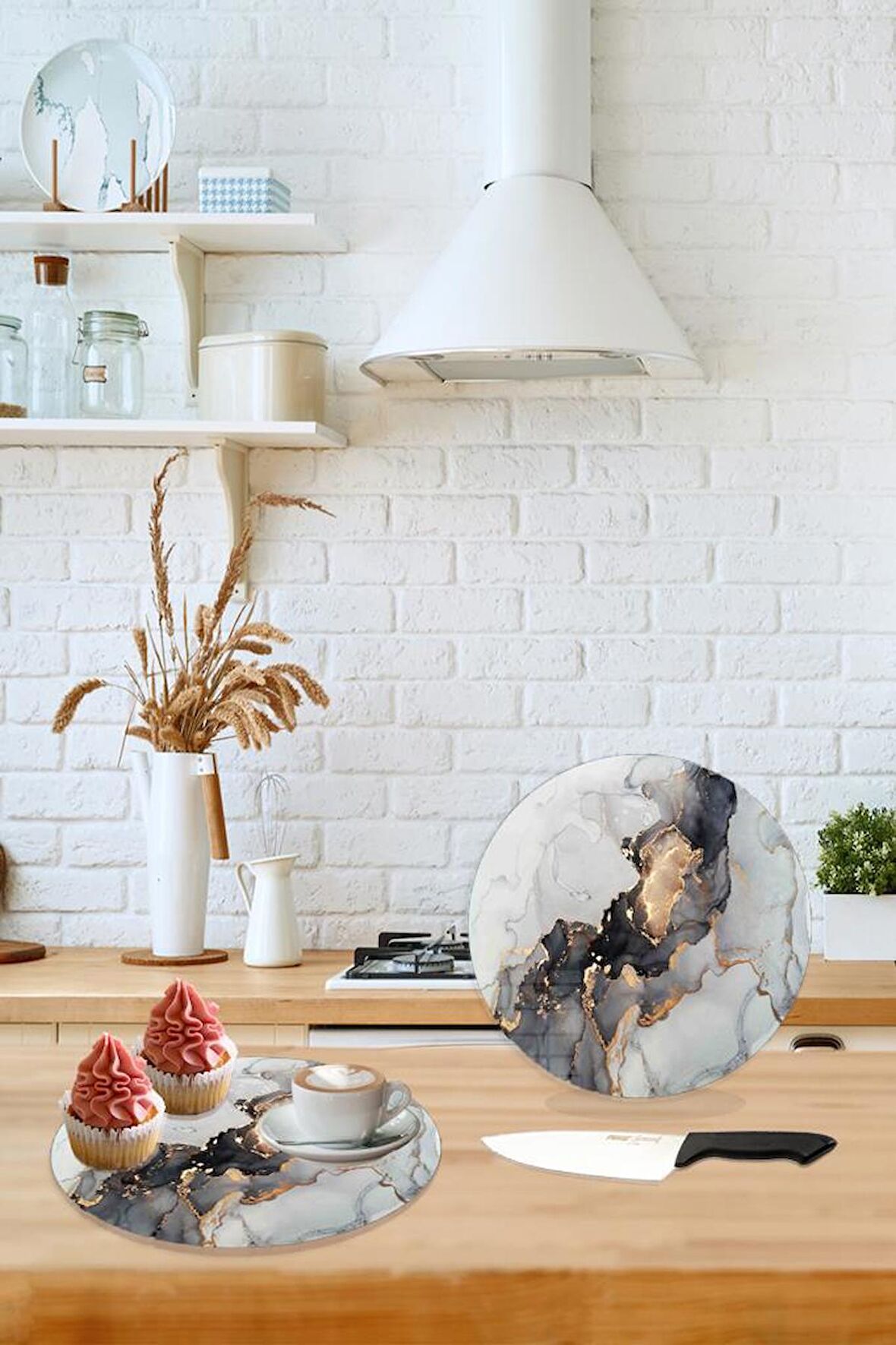 Çap 32 cm Siyah Yaldızlı Mermer Desenli Cam Kesme Tablası