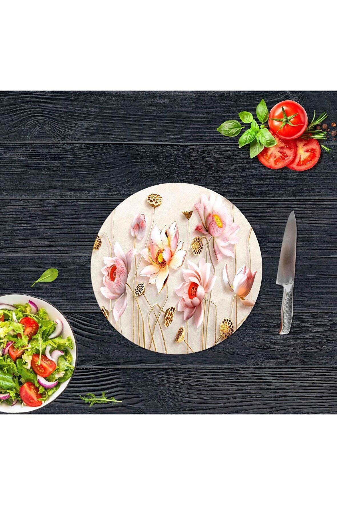 Dekoratif Cam Kesme Tahtası Ballı Çiçekler Çap 32 cm | Cam Kesme Tablası